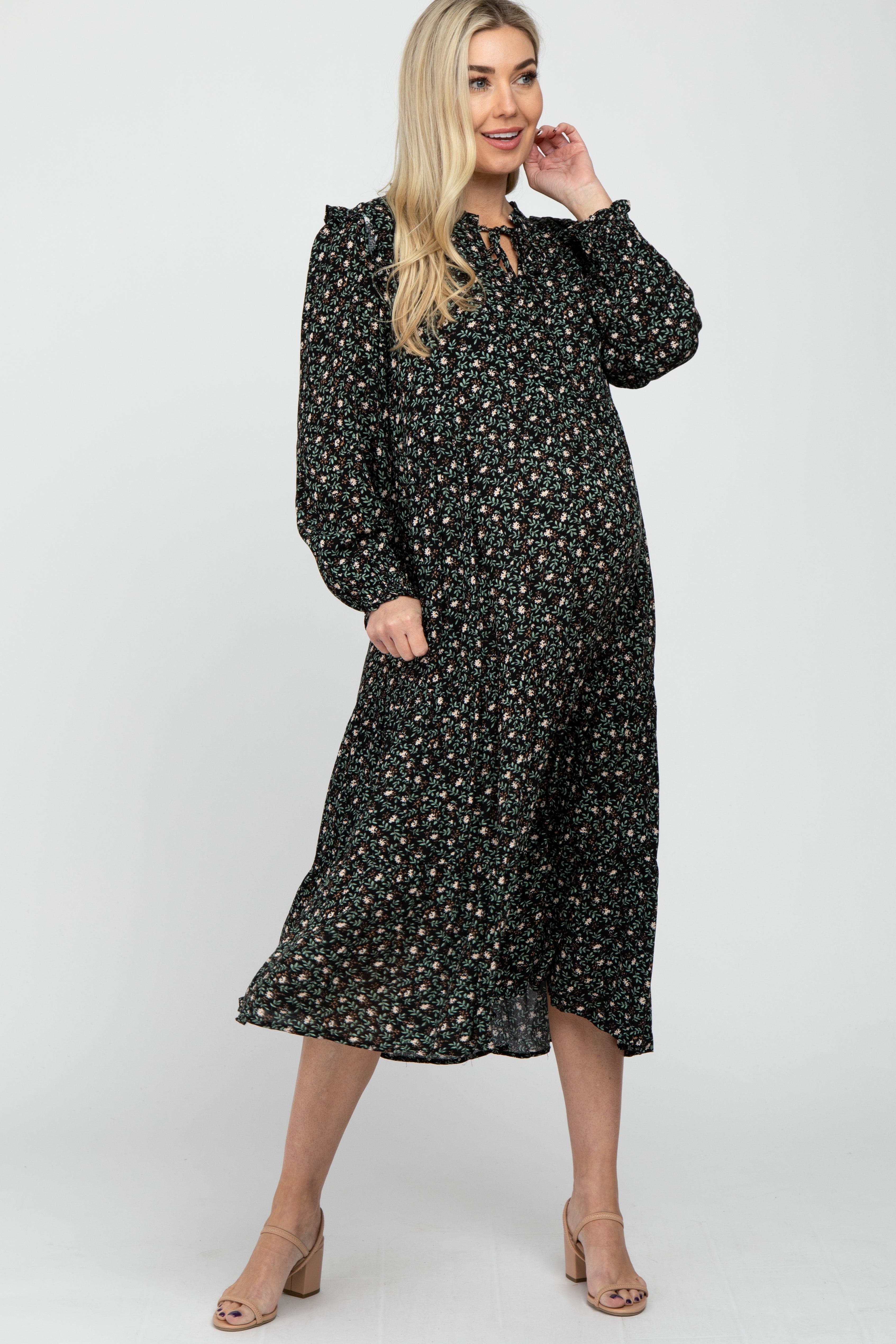 Black Floral Tiered Long Sleeve Maternity Midi Dress sold by Pinkblush
