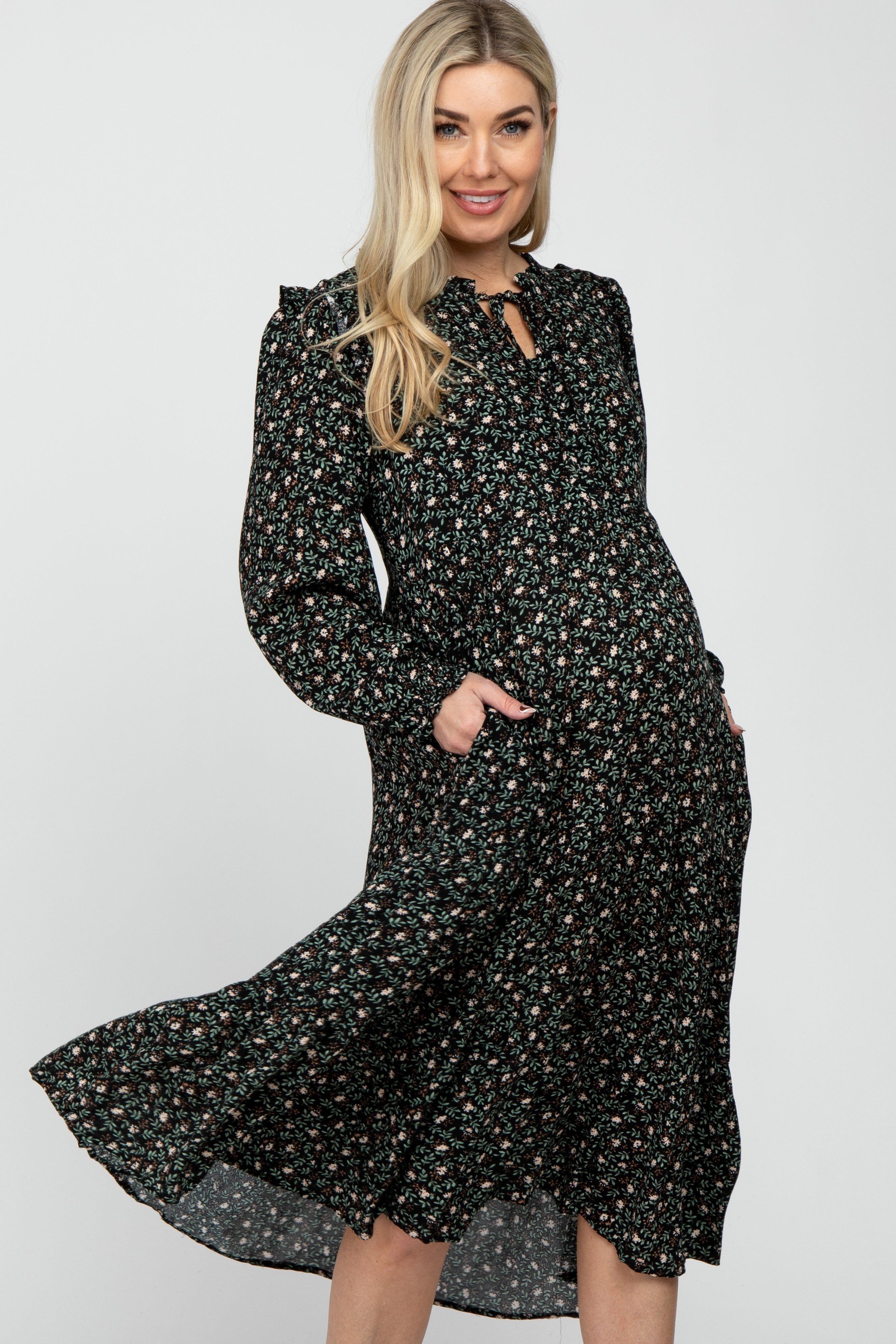 Black Floral Tiered Long Sleeve Maternity Midi Dress sold by Pinkblush product image thumbnail 2