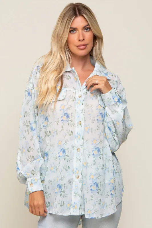 Blue Pleated Floral Oversized Blouse sold by Pinkblush