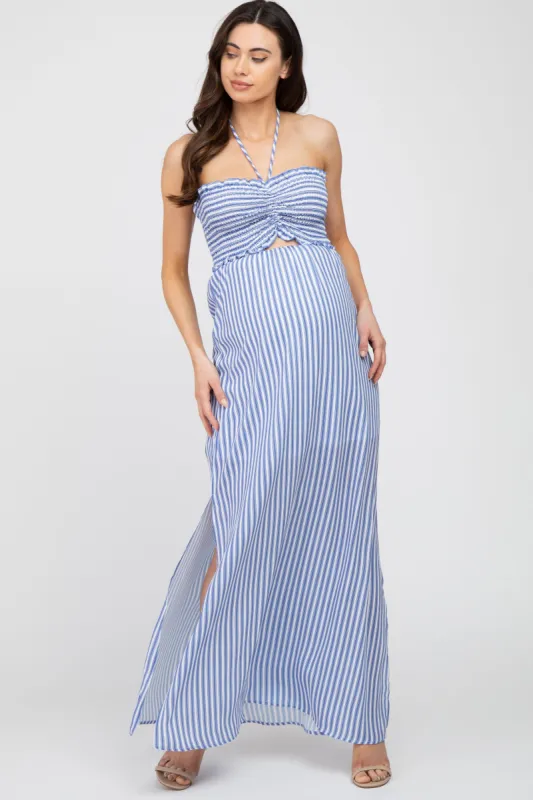 Blue Striped Cutout Front Halter Neck Maternity Maxi Dress sold by Pinkblush