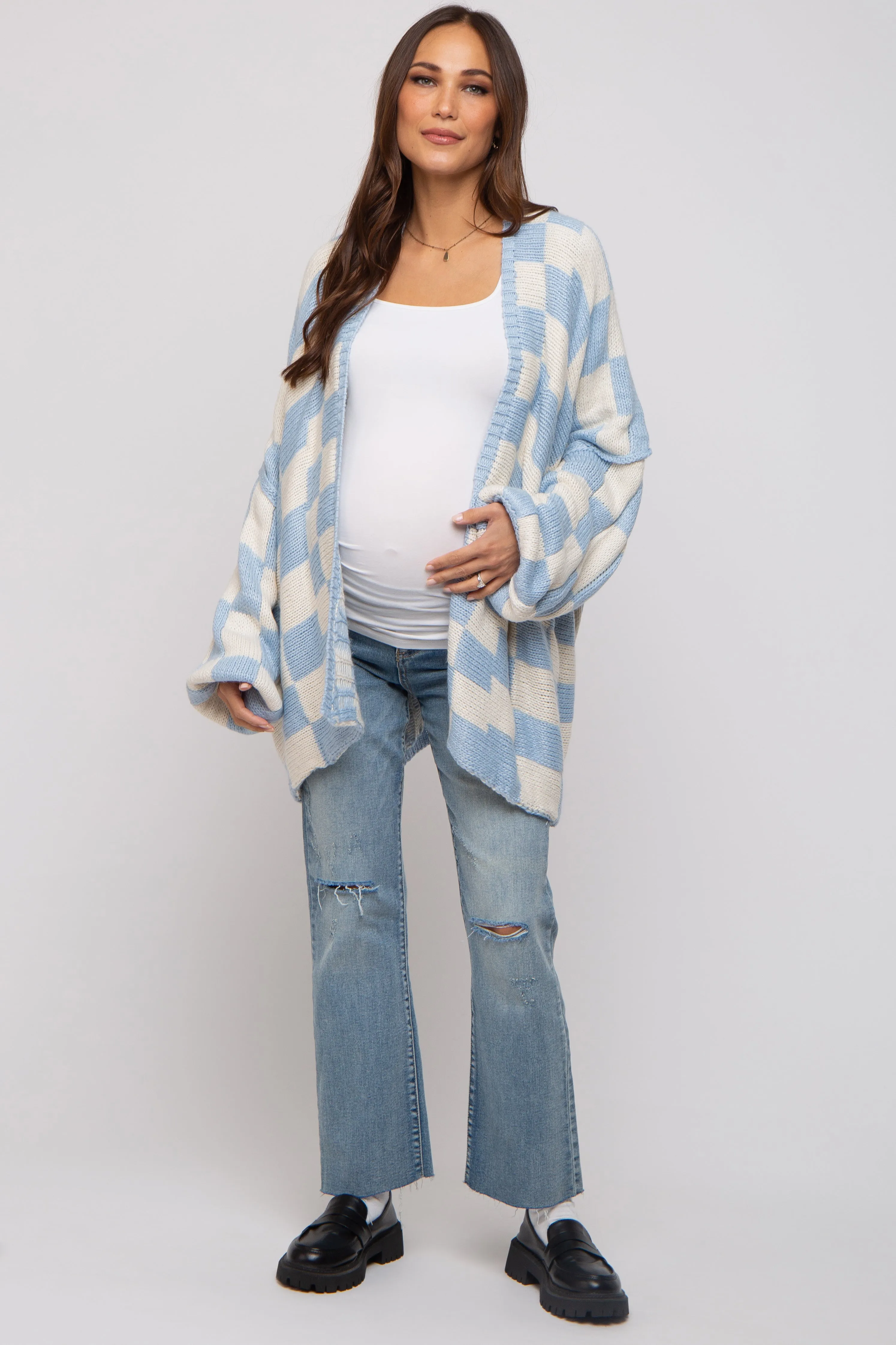Light Blue Checkered Print Oversized Maternity Cardigan sold by Pinkblush product image thumbnail 4