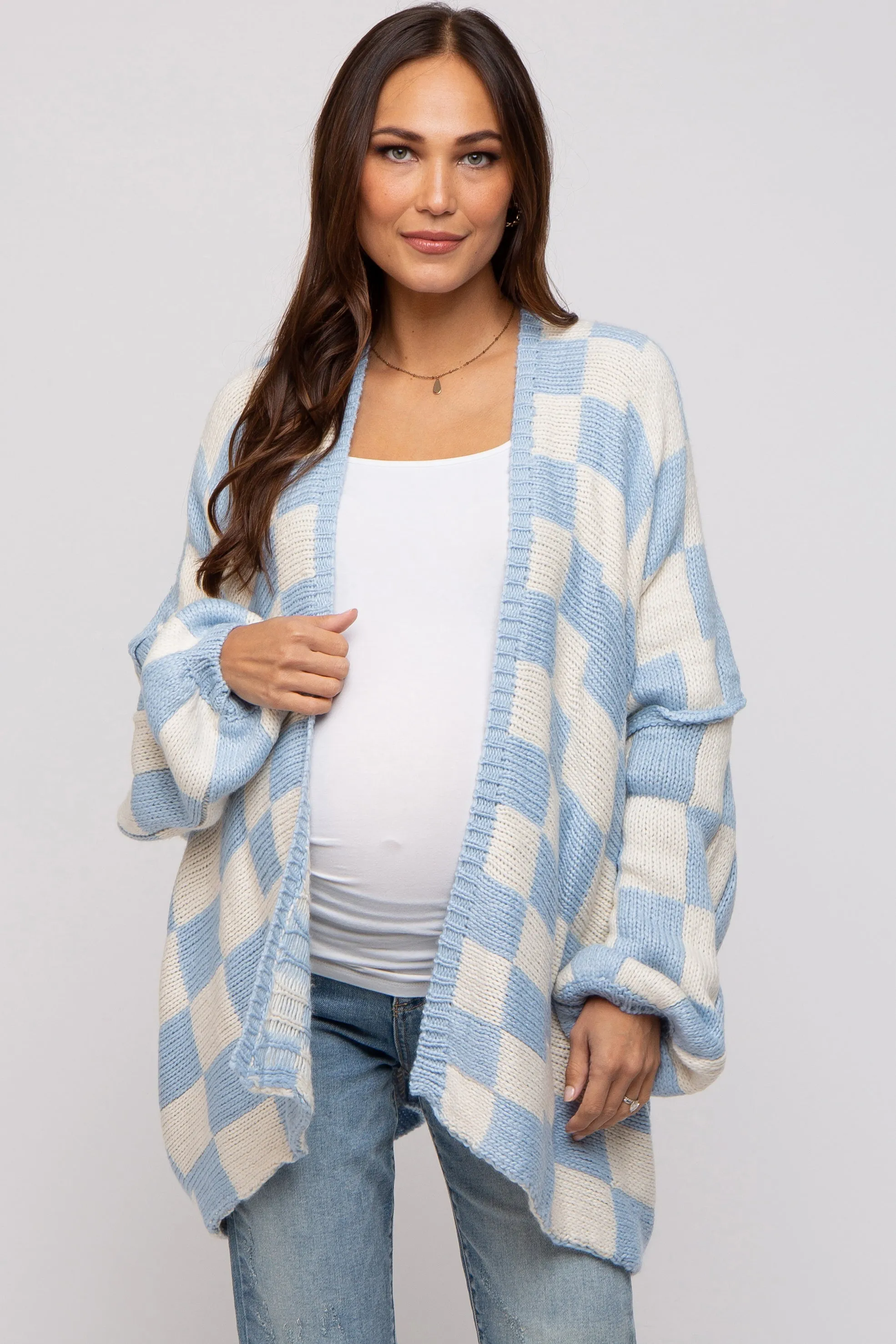 Light Blue Checkered Print Oversized Maternity Cardigan sold by Pinkblush