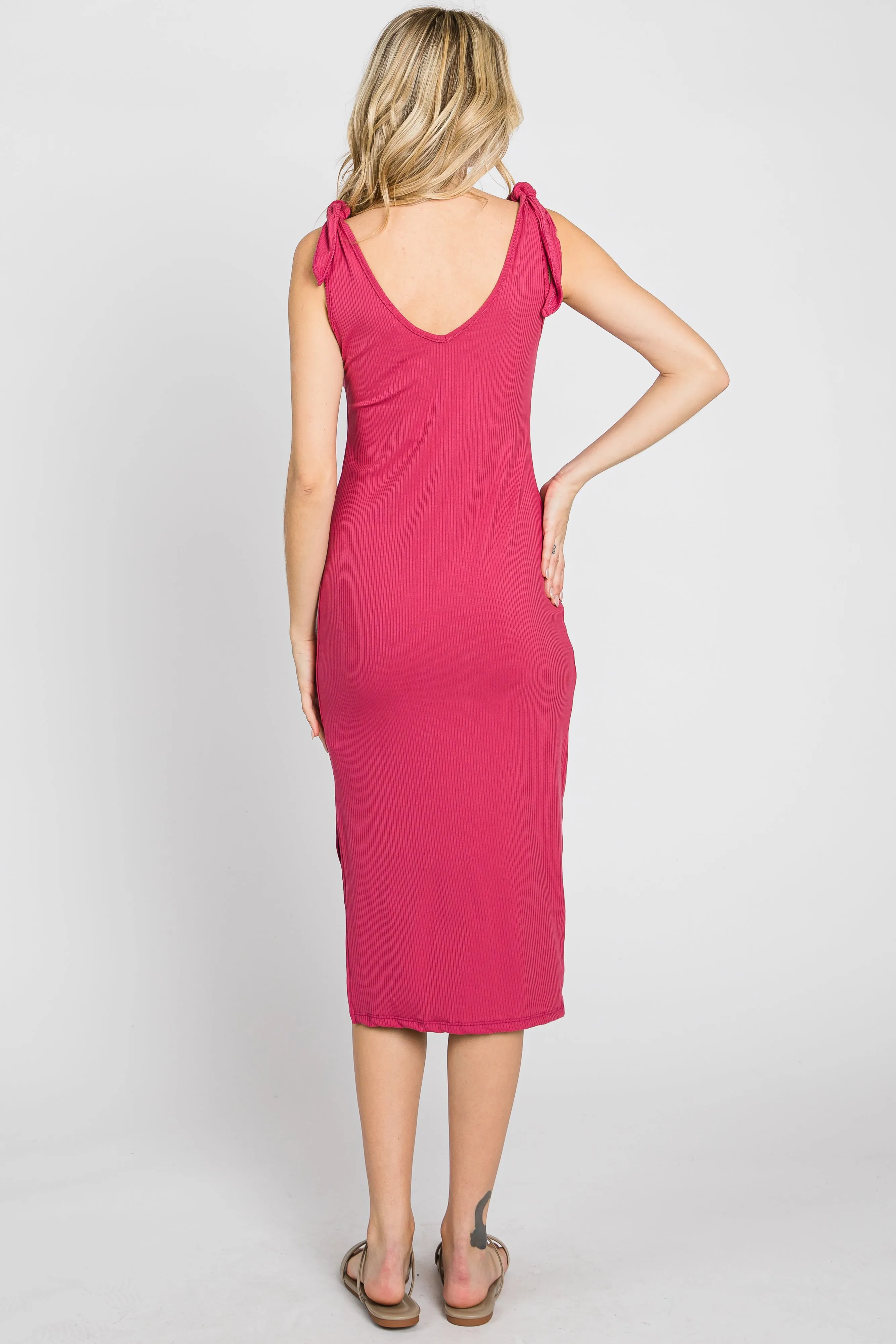 Magenta Ribbed Shoulder Tie Midi Dress sold by Pinkblush product image thumbnail 3