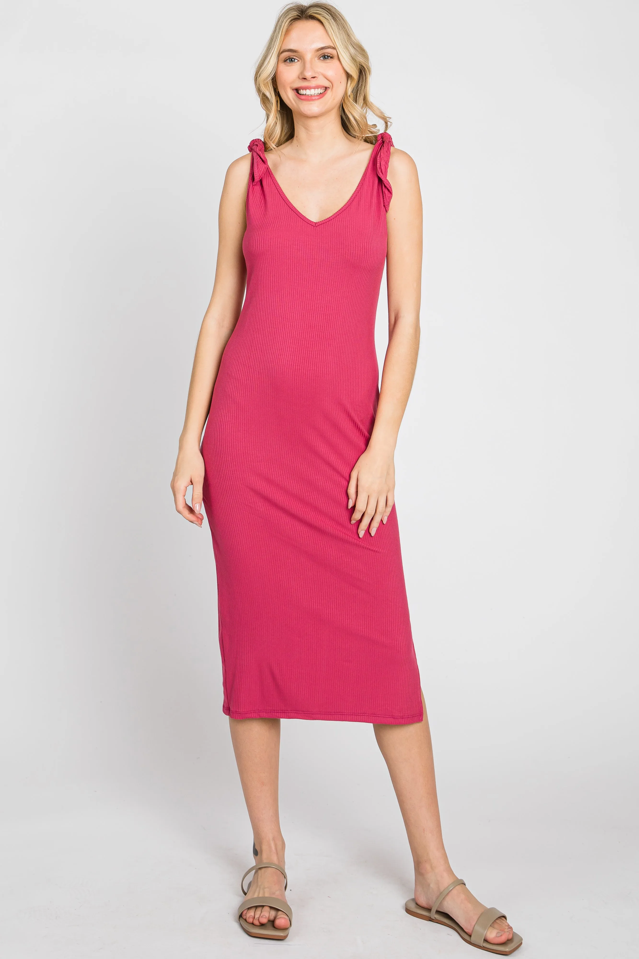 Magenta Ribbed Shoulder Tie Midi Dress sold by Pinkblush