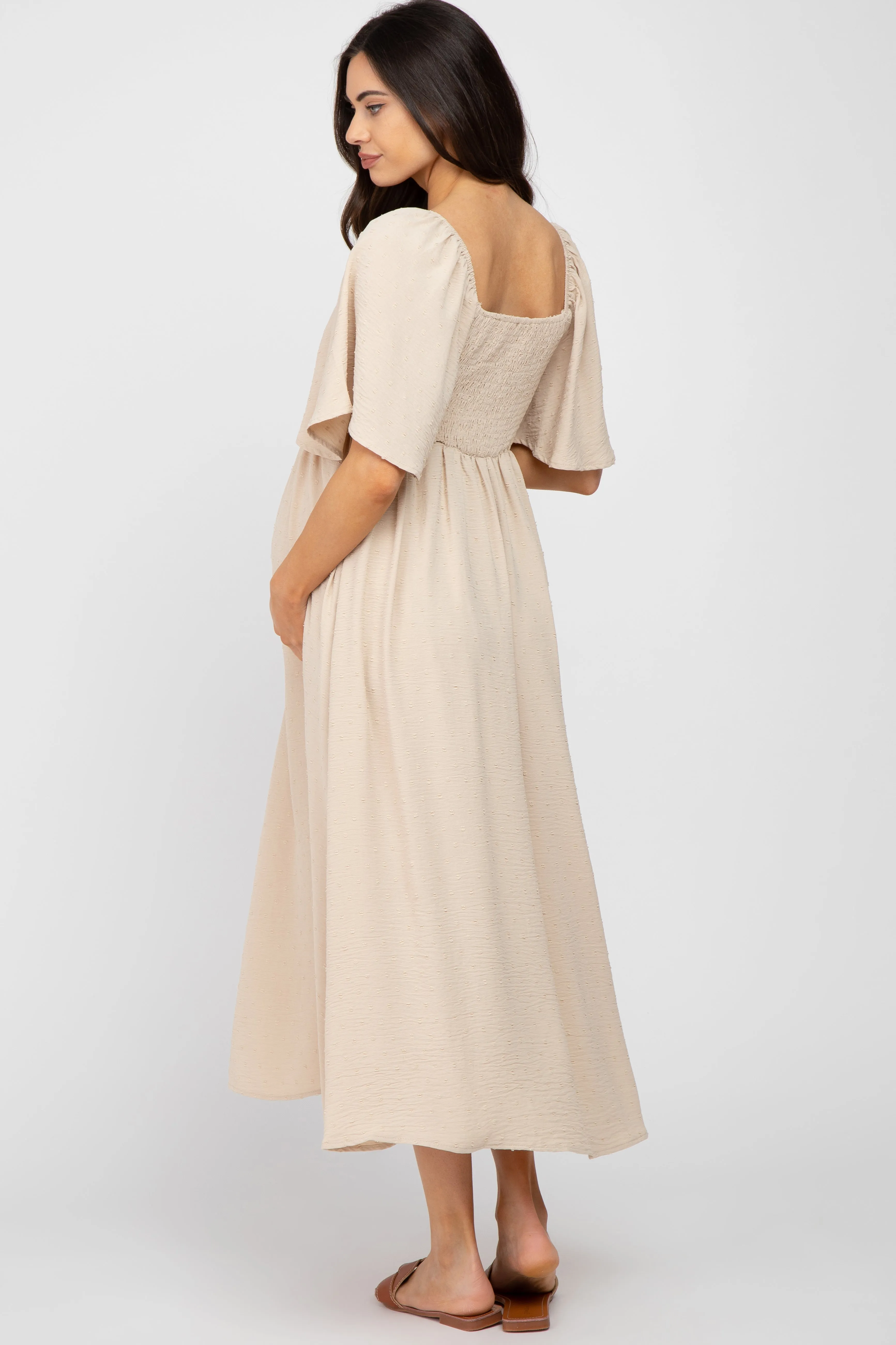 Beige Textured Dot Front Tie Ruffle Sleeve Maternity Midi Dress sold by Pinkblush product image thumbnail 3