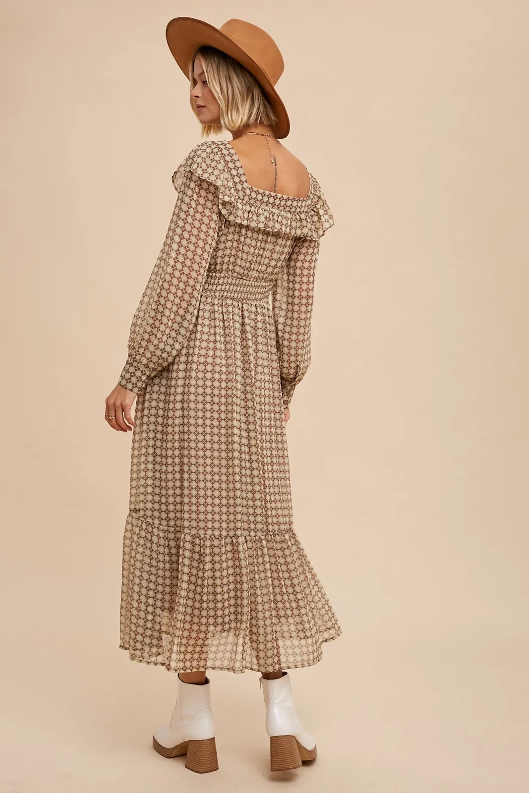 Brown Geometric Print Square Neck Midi Dress sold by Pinkblush product image thumbnail 5