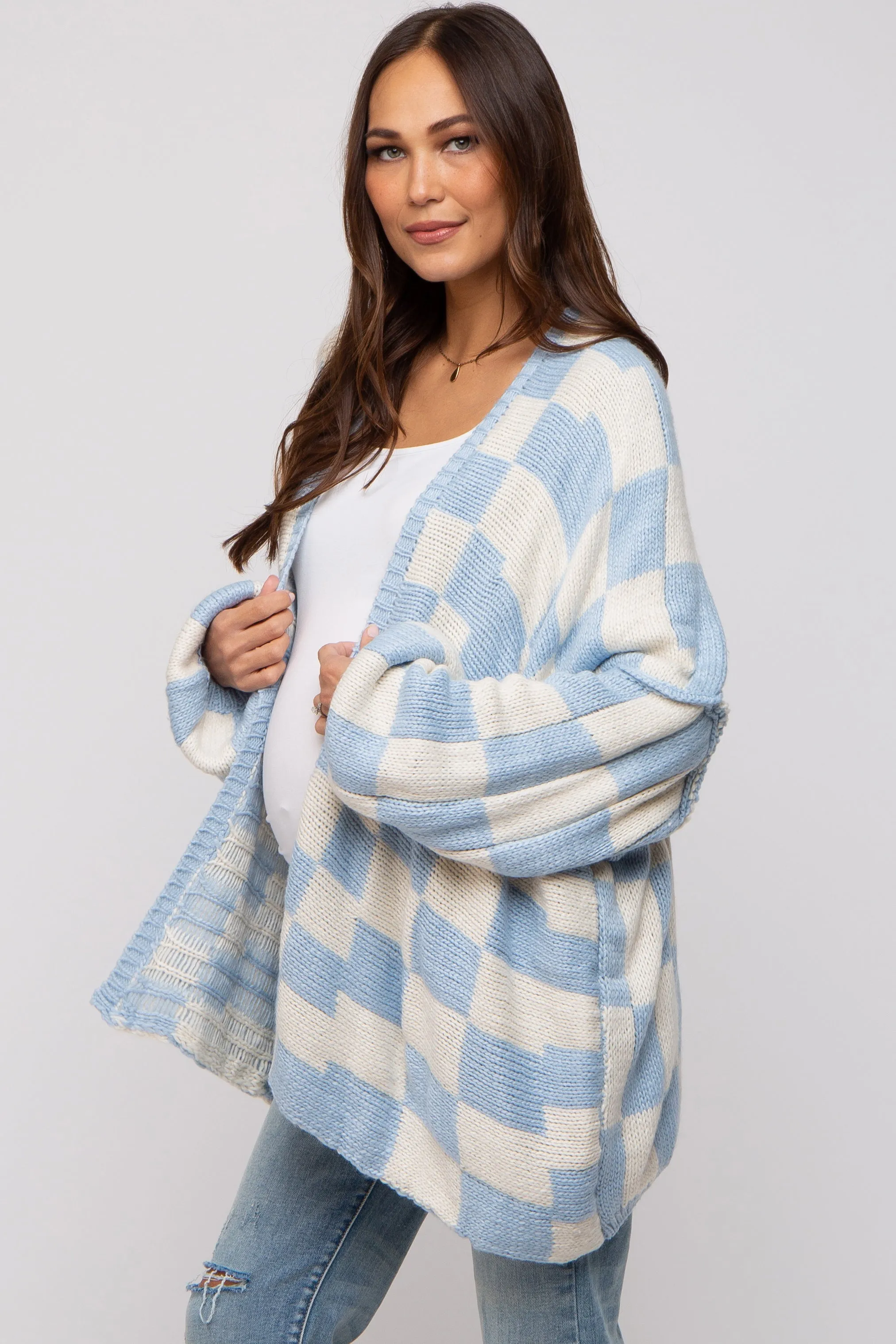 Light Blue Checkered Print Oversized Maternity Cardigan sold by Pinkblush product image thumbnail 2