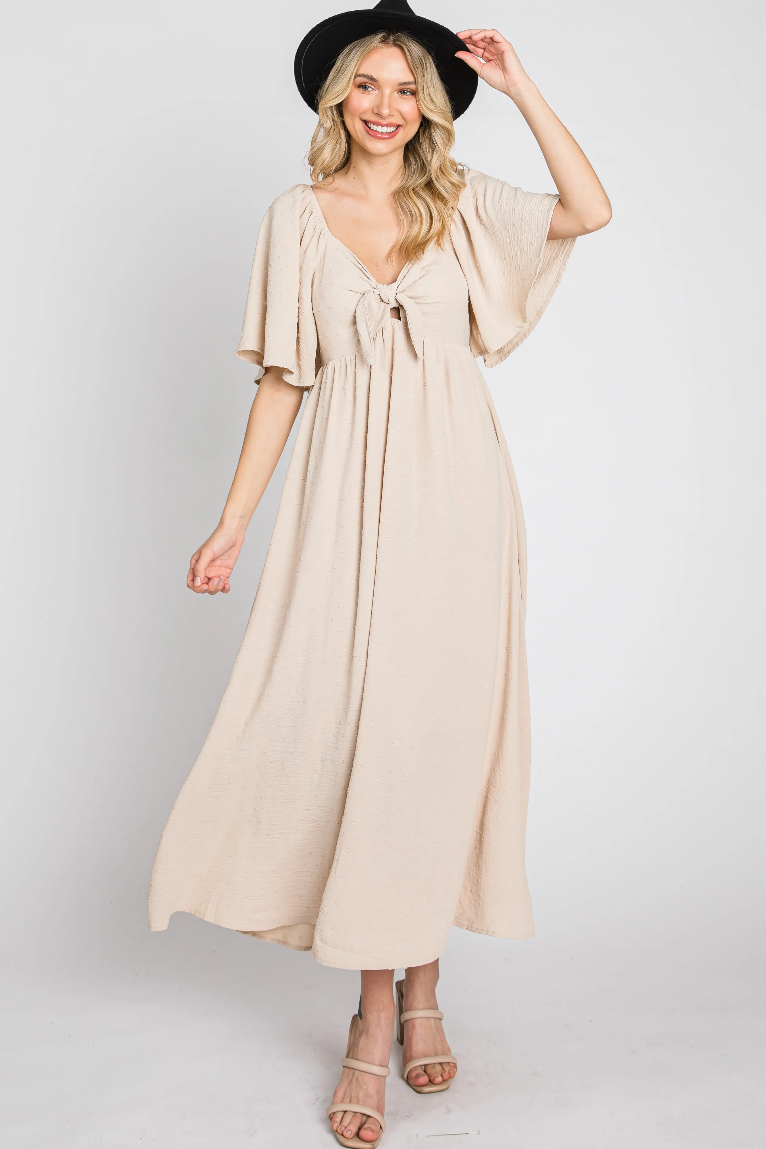 Beige Textured Dot Front Tie Ruffle Sleeve Maternity Midi Dress sold by Pinkblush product image thumbnail 4