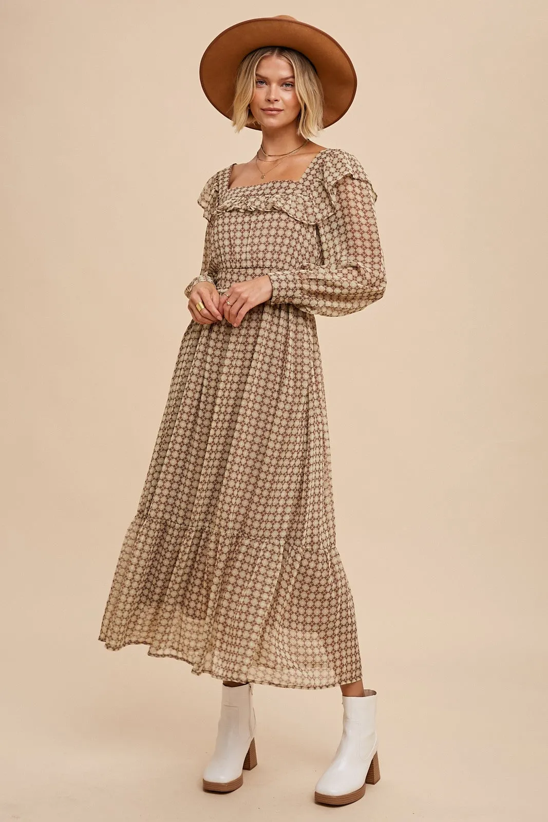 Brown Geometric Print Square Neck Midi Dress sold by Pinkblush product image thumbnail 3