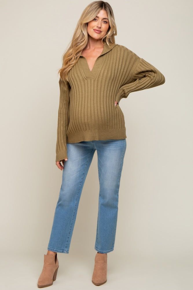 Olive Ribbed Knit Collared Long Sleeve Maternity Top sold by Pinkblush product image thumbnail 4