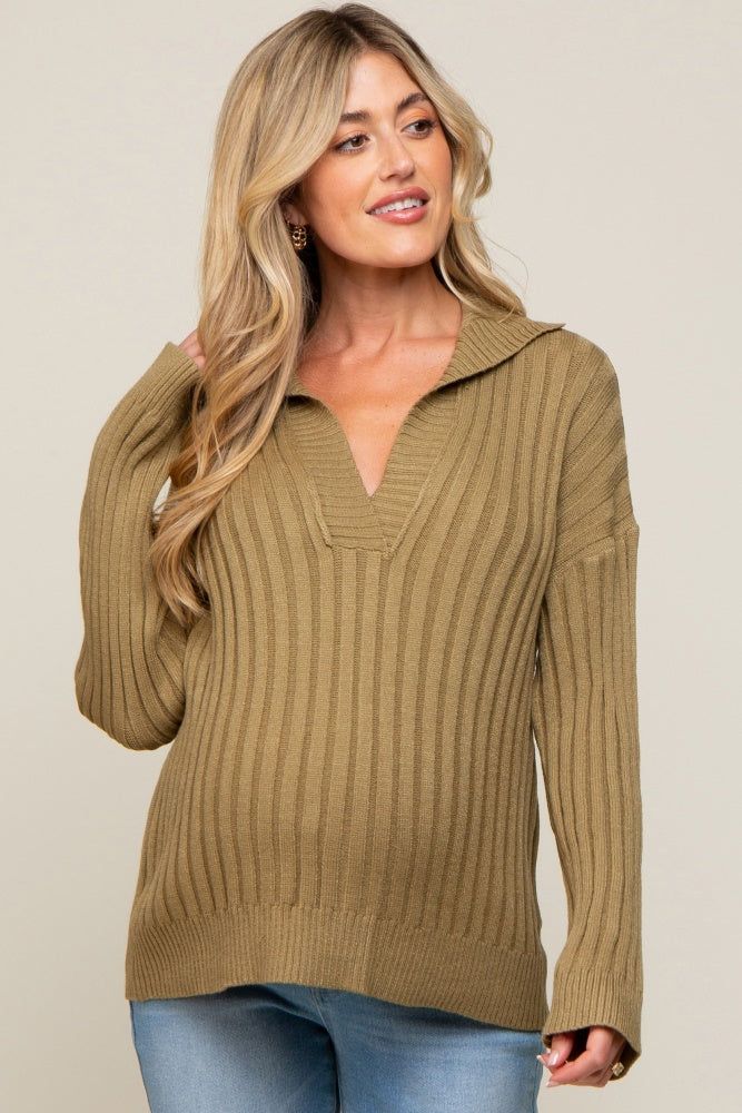 Olive Ribbed Knit Collared Long Sleeve Maternity Top sold by Pinkblush