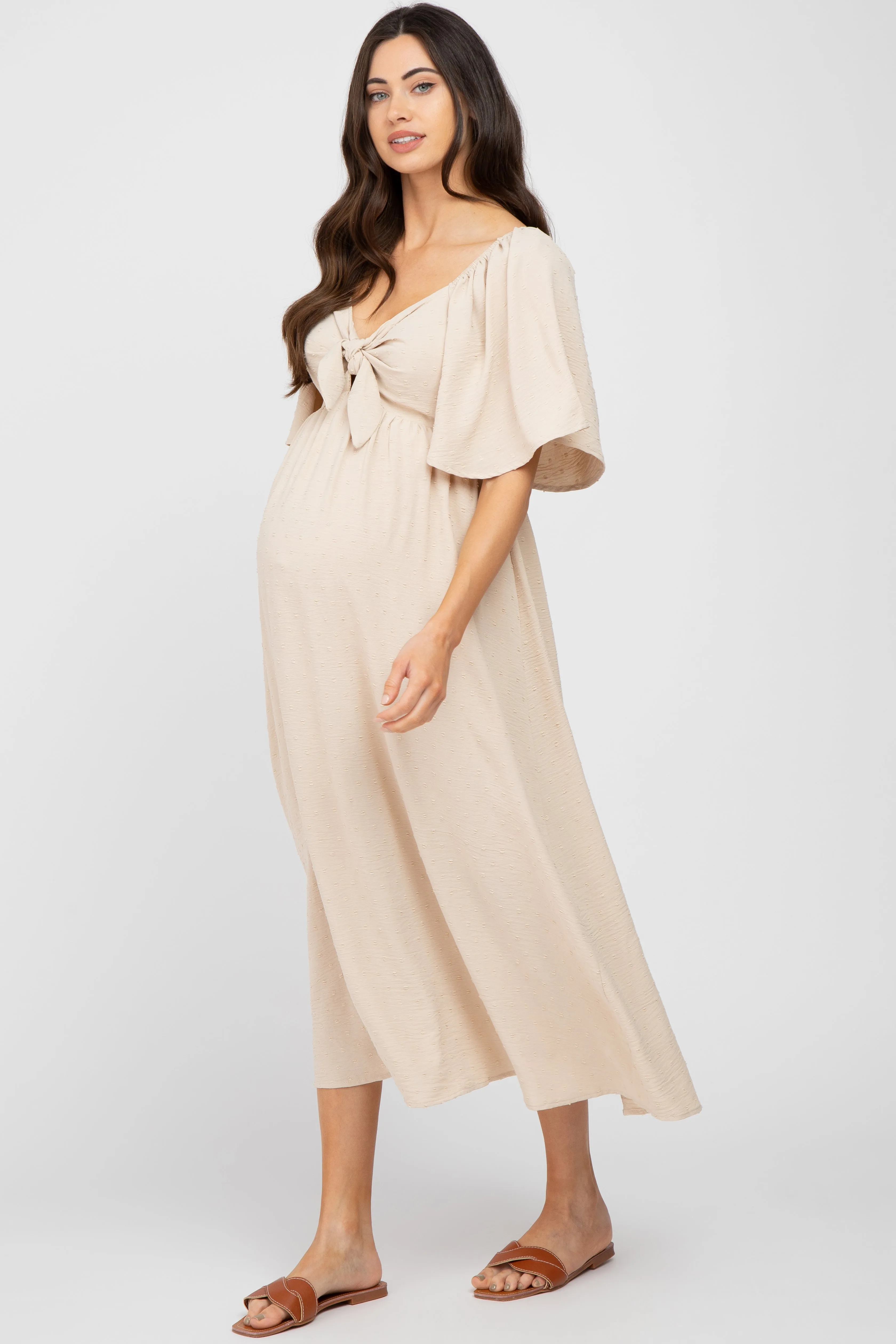 Beige Textured Dot Front Tie Ruffle Sleeve Maternity Midi Dress sold by Pinkblush product image thumbnail 2
