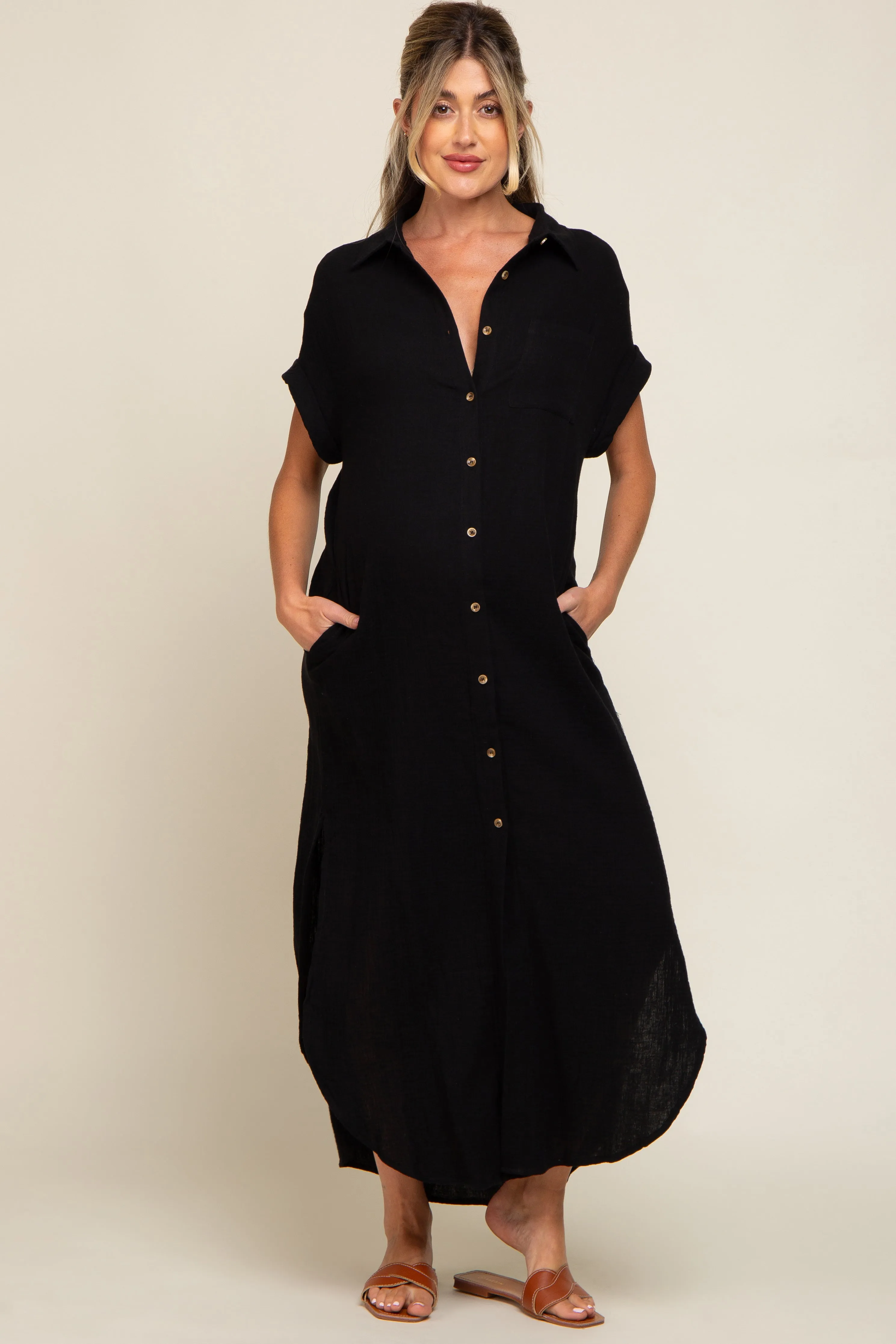 Black Button Down Maternity Midi Dress sold by Pinkblush product image thumbnail 4