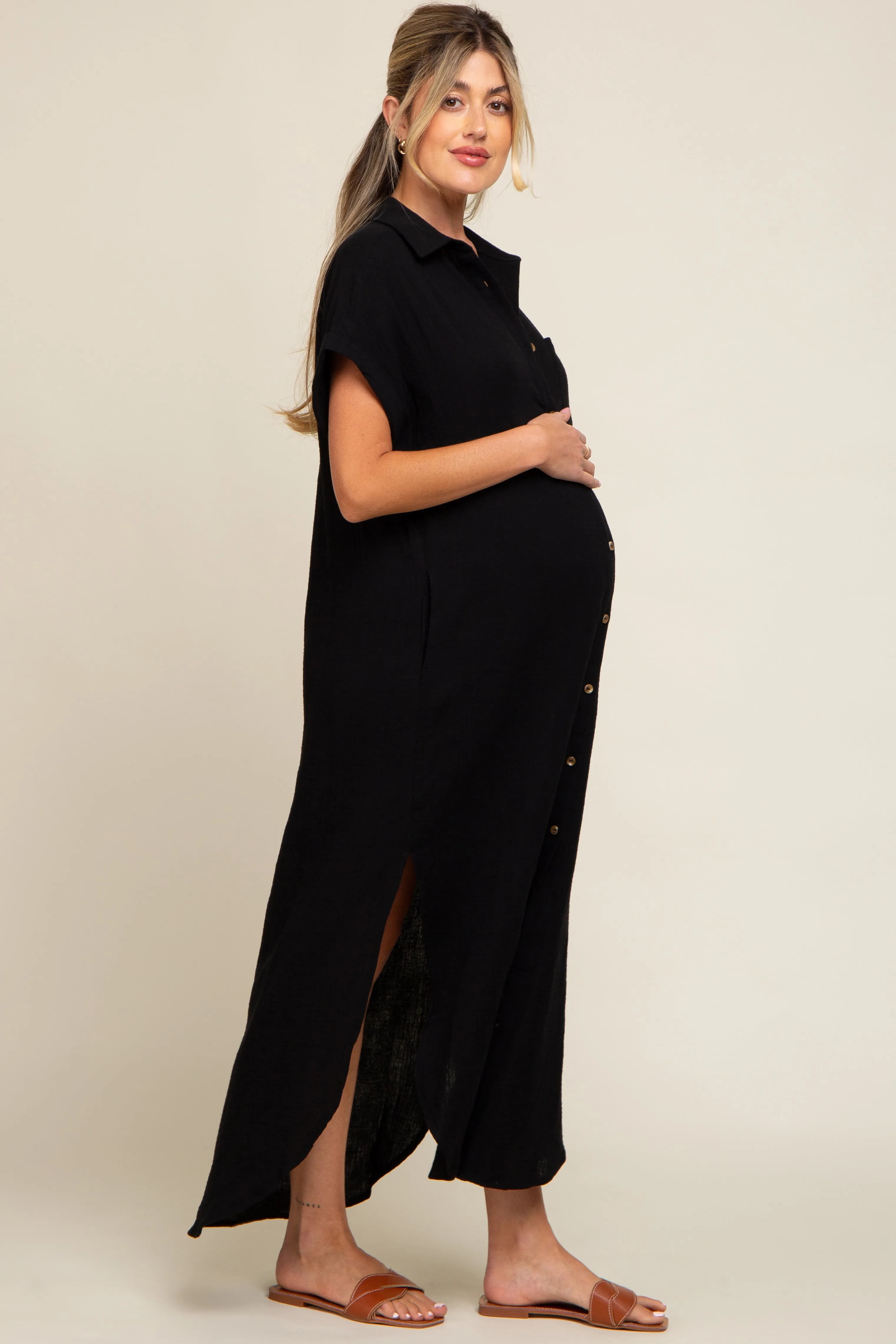 Black Button Down Maternity Midi Dress sold by Pinkblush product image thumbnail 2
