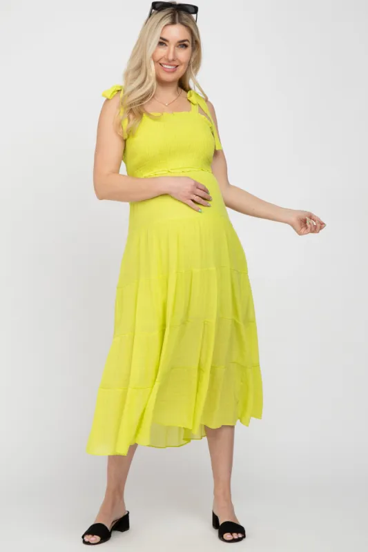 Neon Yellow Smocked Tie Strap Tiered Maternity Midi Dress sold by Pinkblush