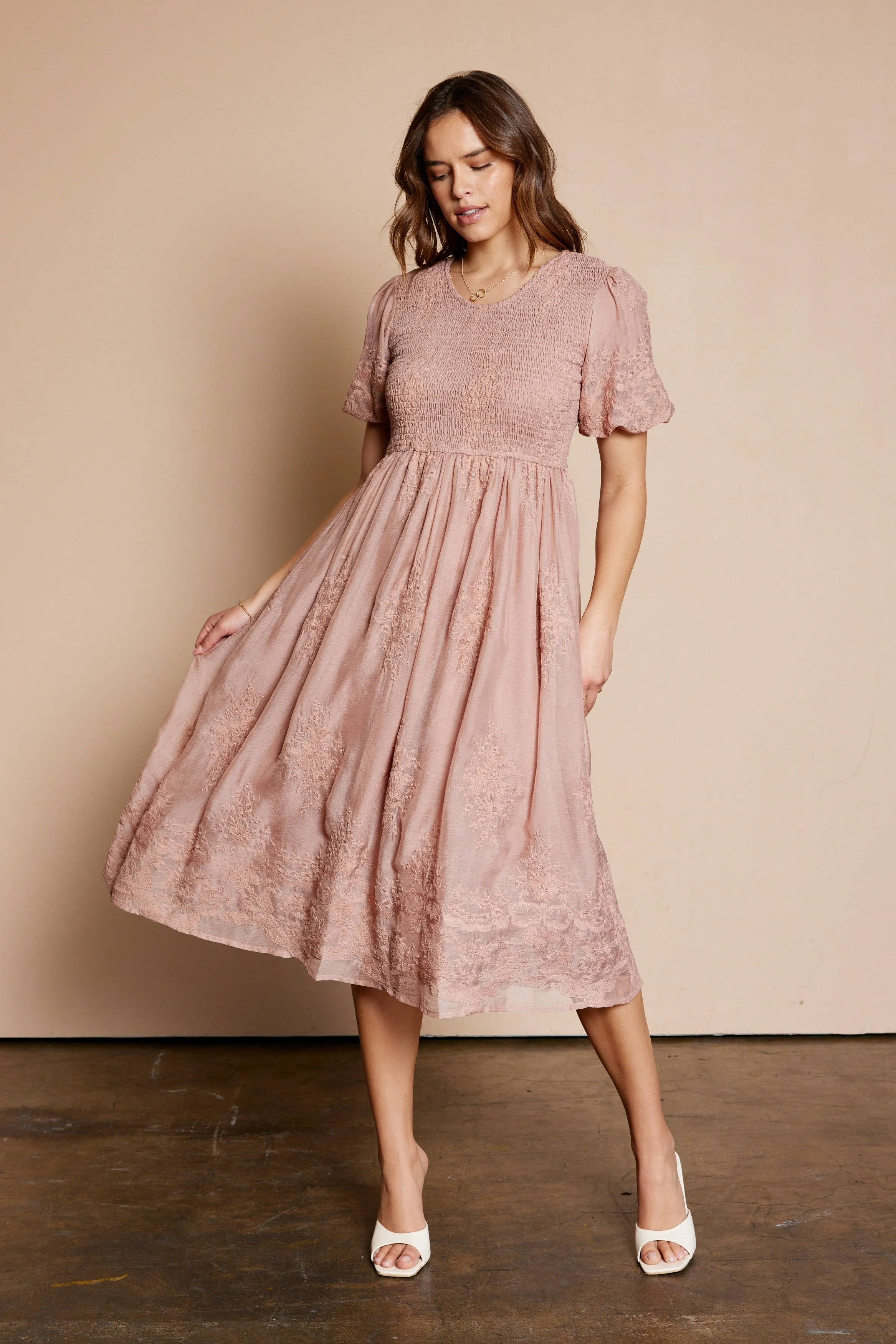 Mauve Floral Lace Smocked Maternity Midi Dress sold by Pinkblush product image thumbnail 5