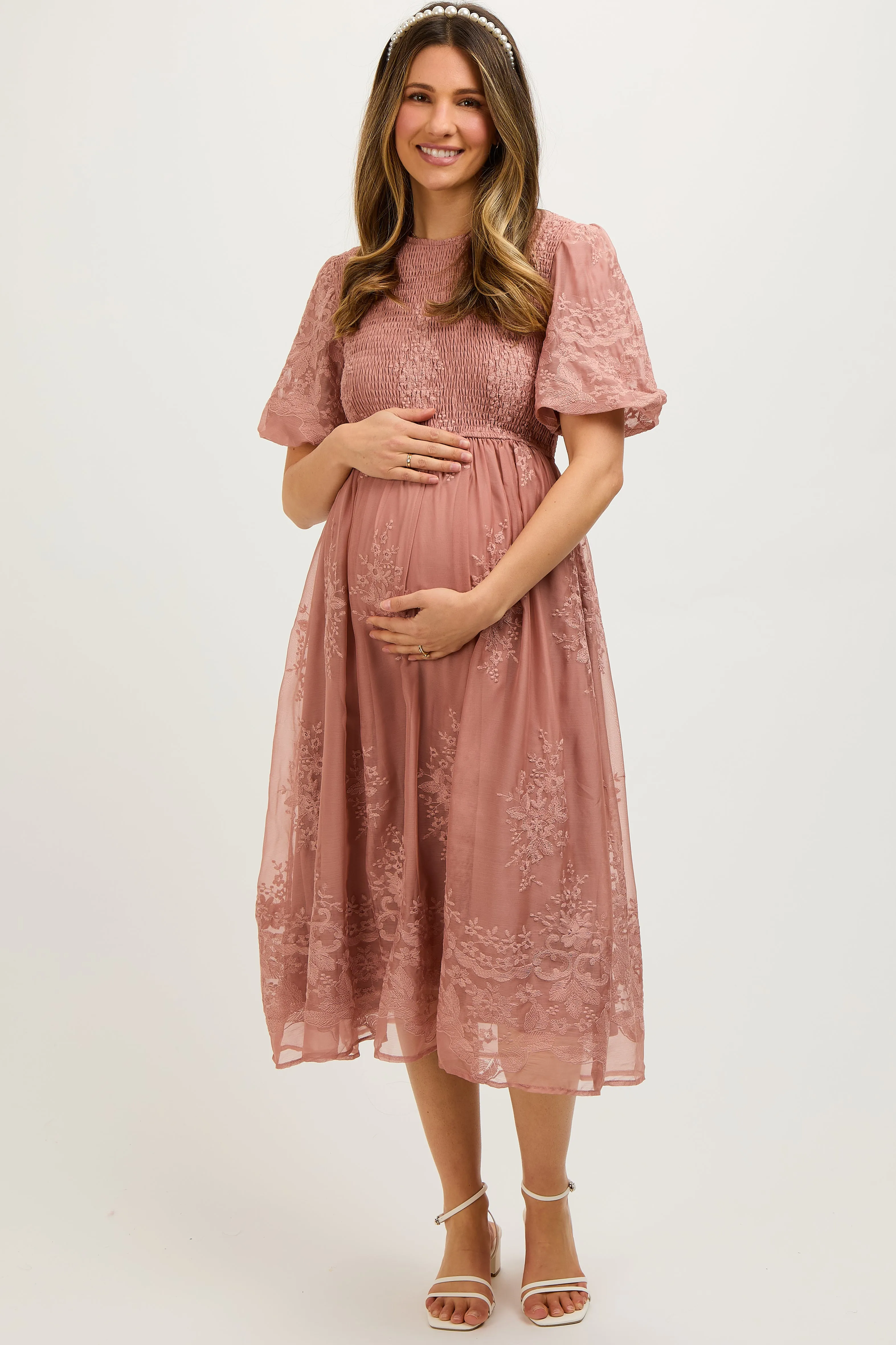 Mauve Floral Lace Smocked Maternity Midi Dress sold by Pinkblush product image thumbnail 2