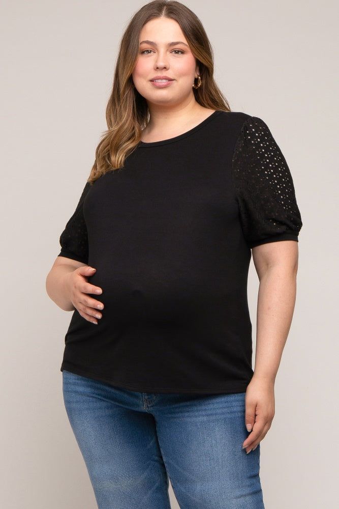 Black Eyelet Lace Sleeve Plus Maternity Top sold by Pinkblush
