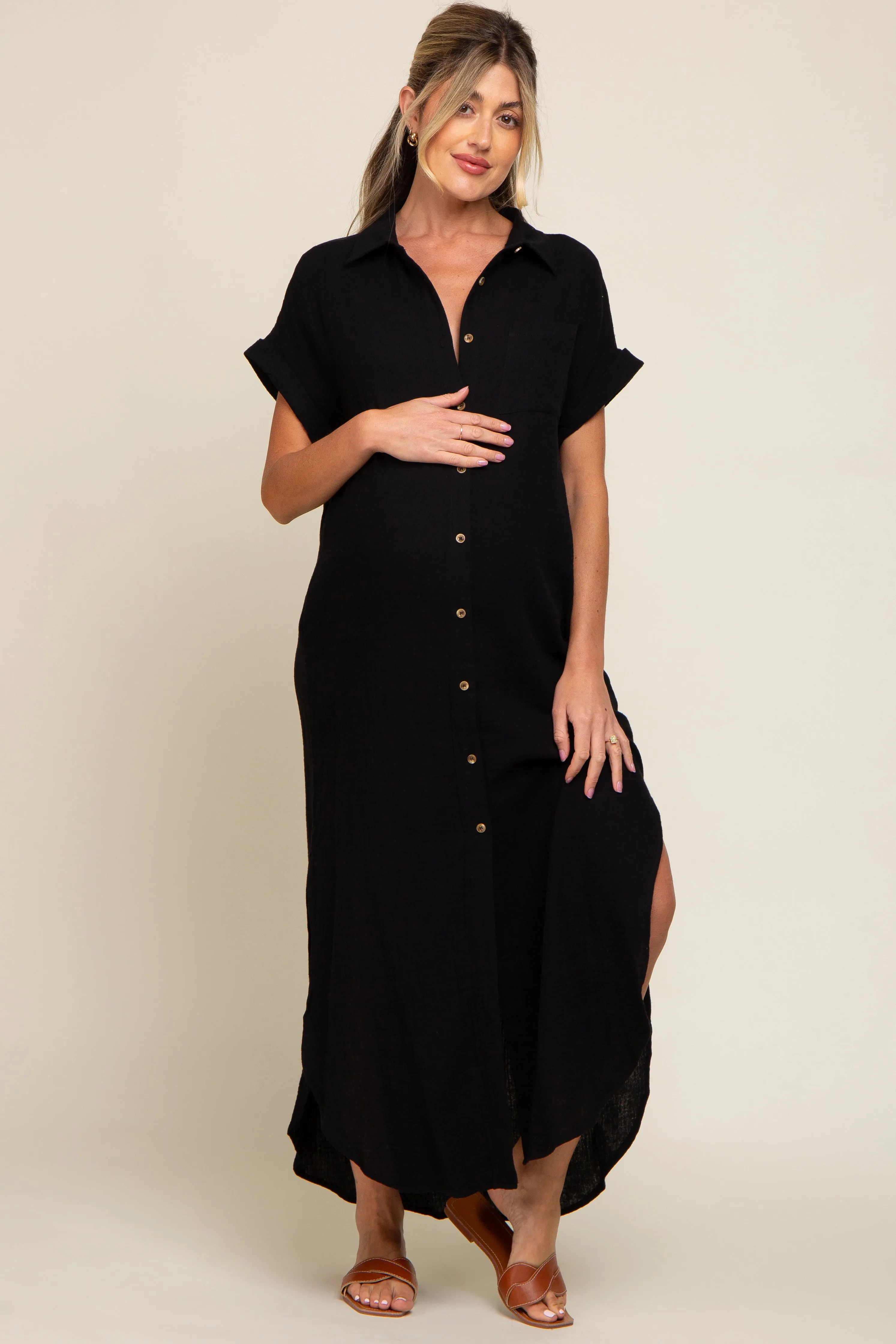 Black Button Down Maternity Midi Dress sold by Pinkblush product image thumbnail 5