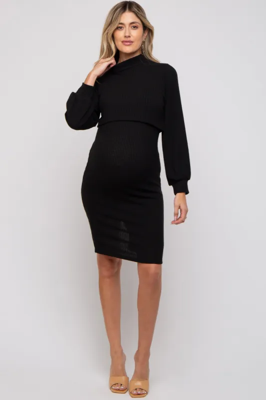 Black Rib Neck Mock Neck Maternity Nursing Dress sold by Pinkblush