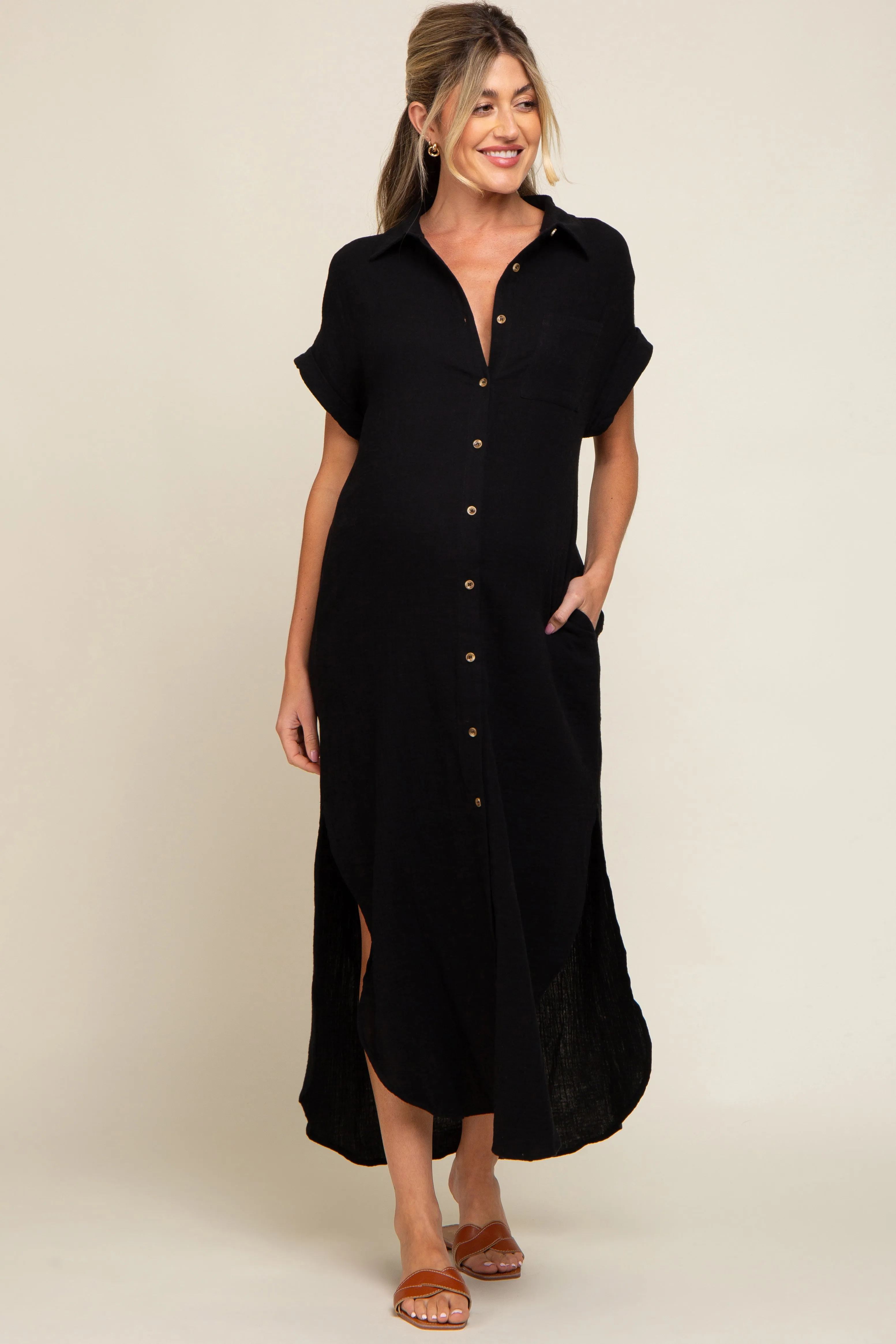 Black Button Down Maternity Midi Dress sold by Pinkblush