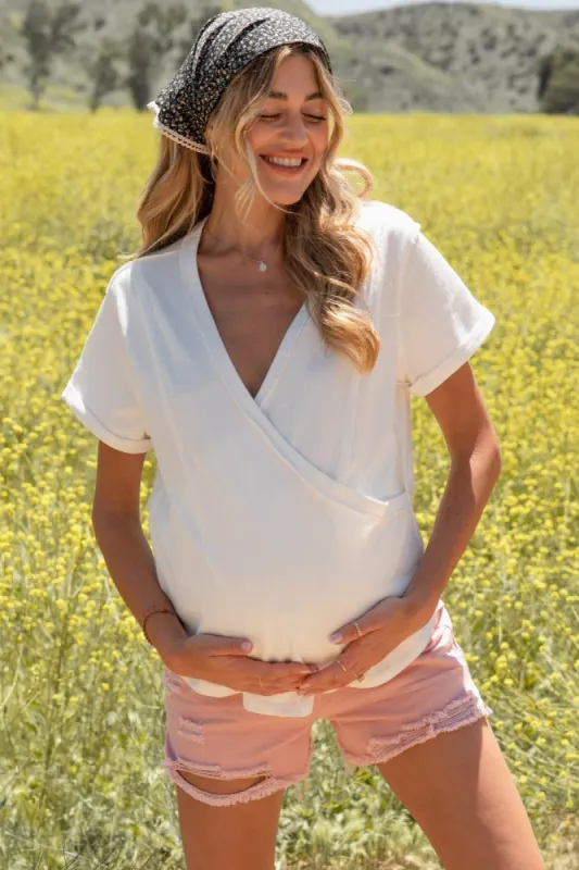Ivory Wrap Short Sleeve Raw Hem Maternity Top sold by Pinkblush