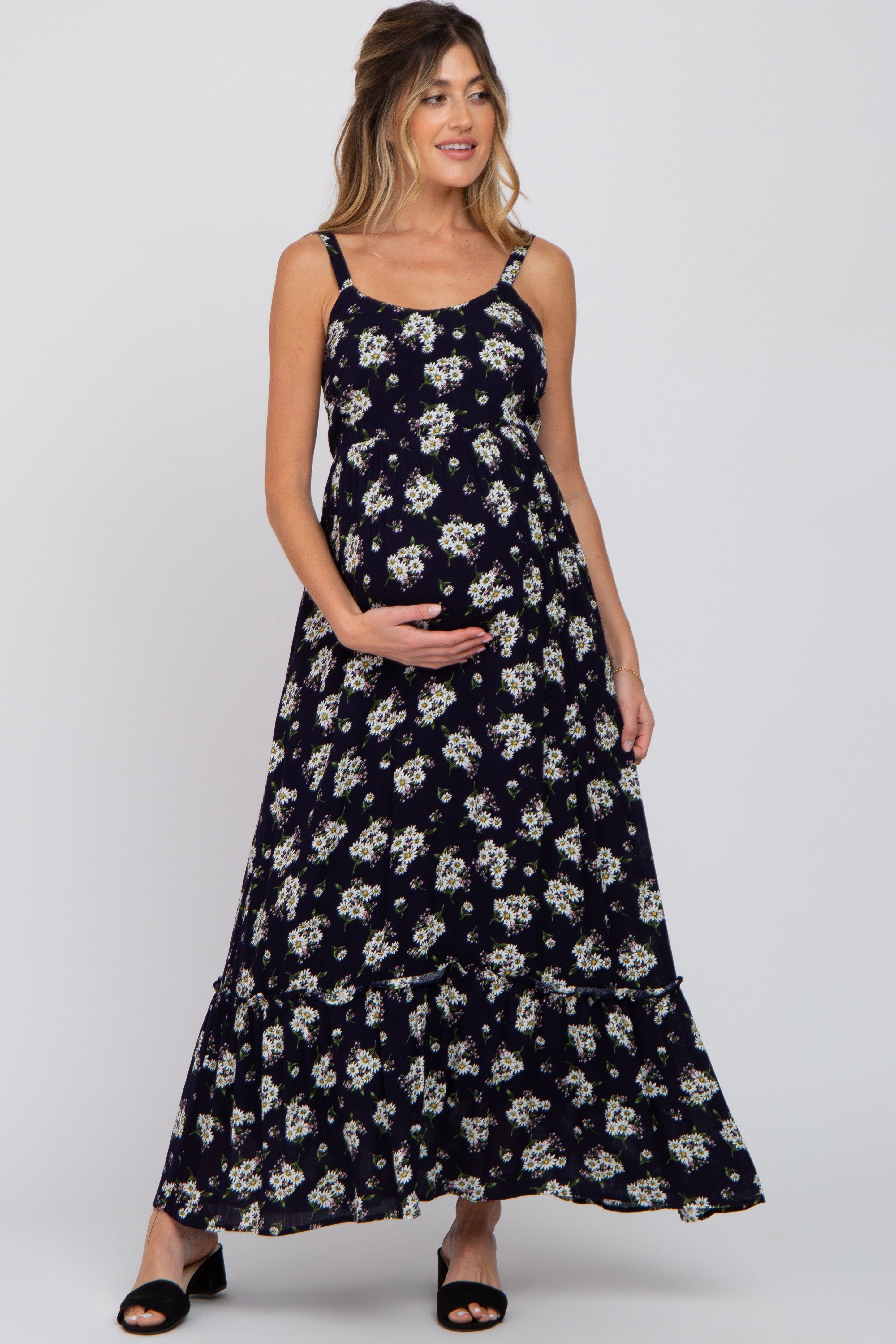 Navy Blue Floral Maternity Maxi Dress sold by Pinkblush
