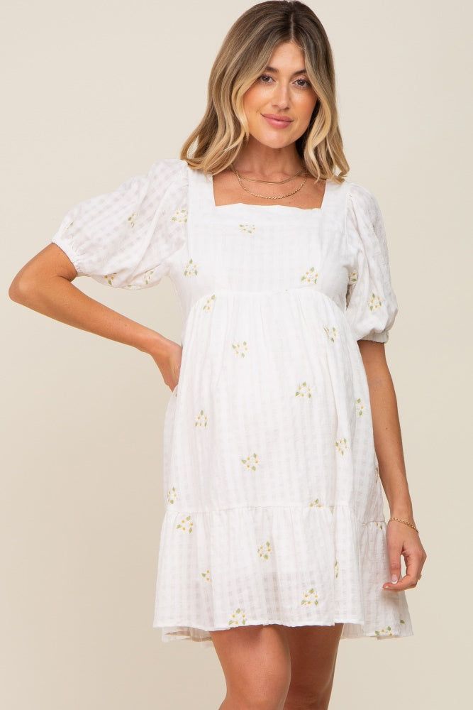 White Floral Embroidered Puff Sleeve Maternity Dress sold by Pinkblush