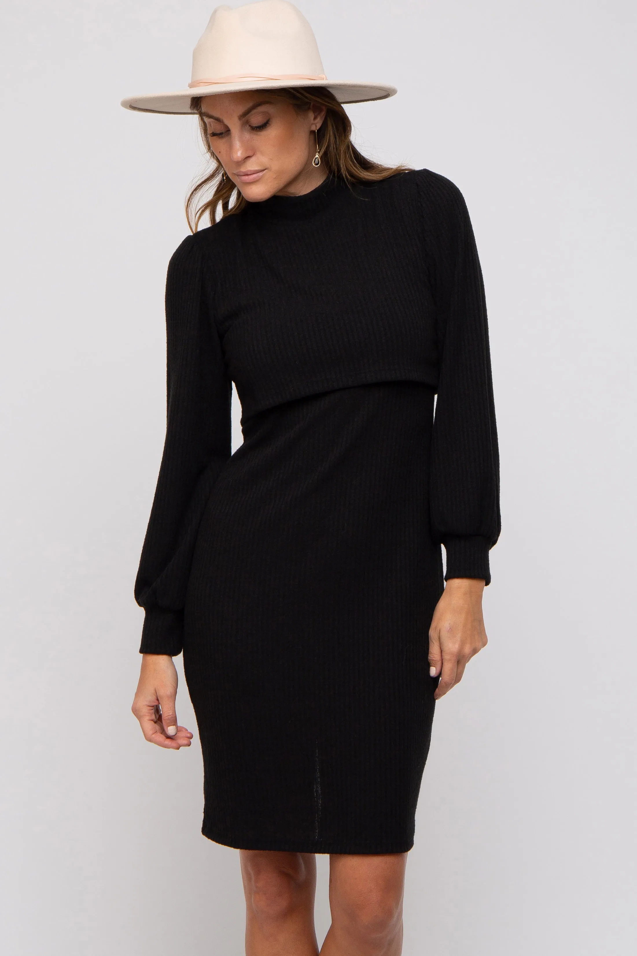 Black Rib Neck Mock Neck Maternity Nursing Dress sold by Pinkblush product image thumbnail 5