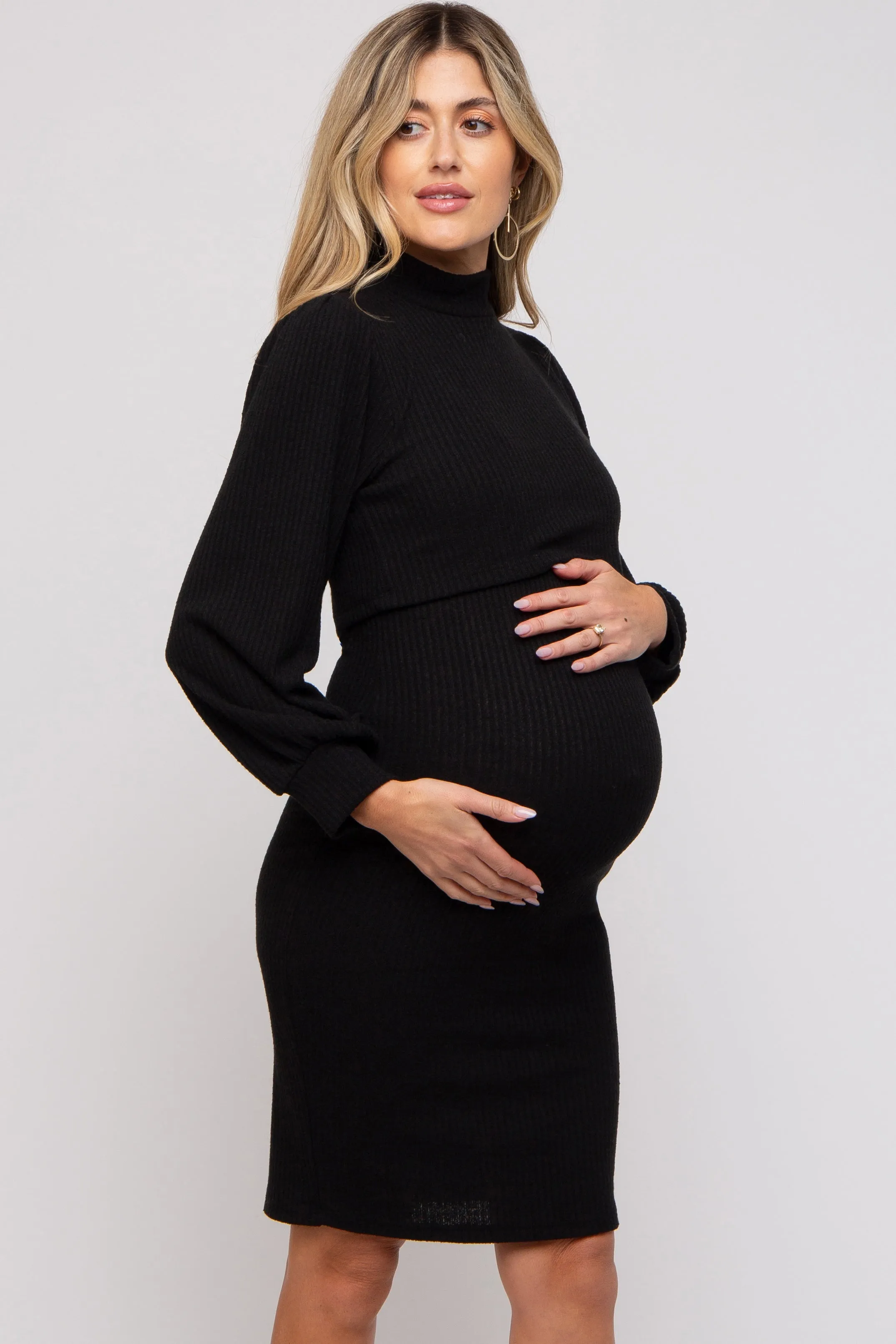Black Rib Neck Mock Neck Maternity Nursing Dress sold by Pinkblush product image thumbnail 2