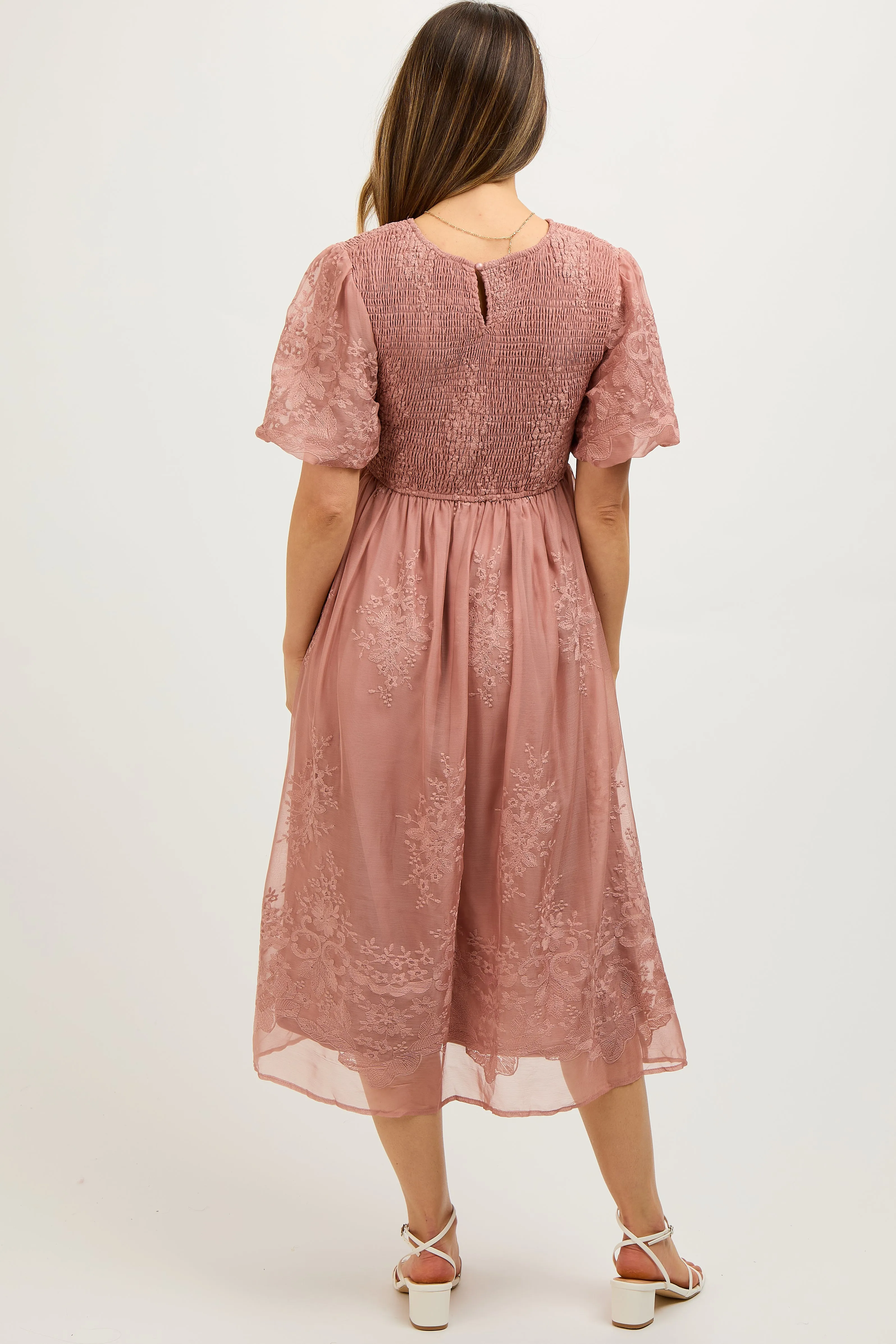 Mauve Floral Lace Smocked Maternity Midi Dress sold by Pinkblush product image thumbnail 4