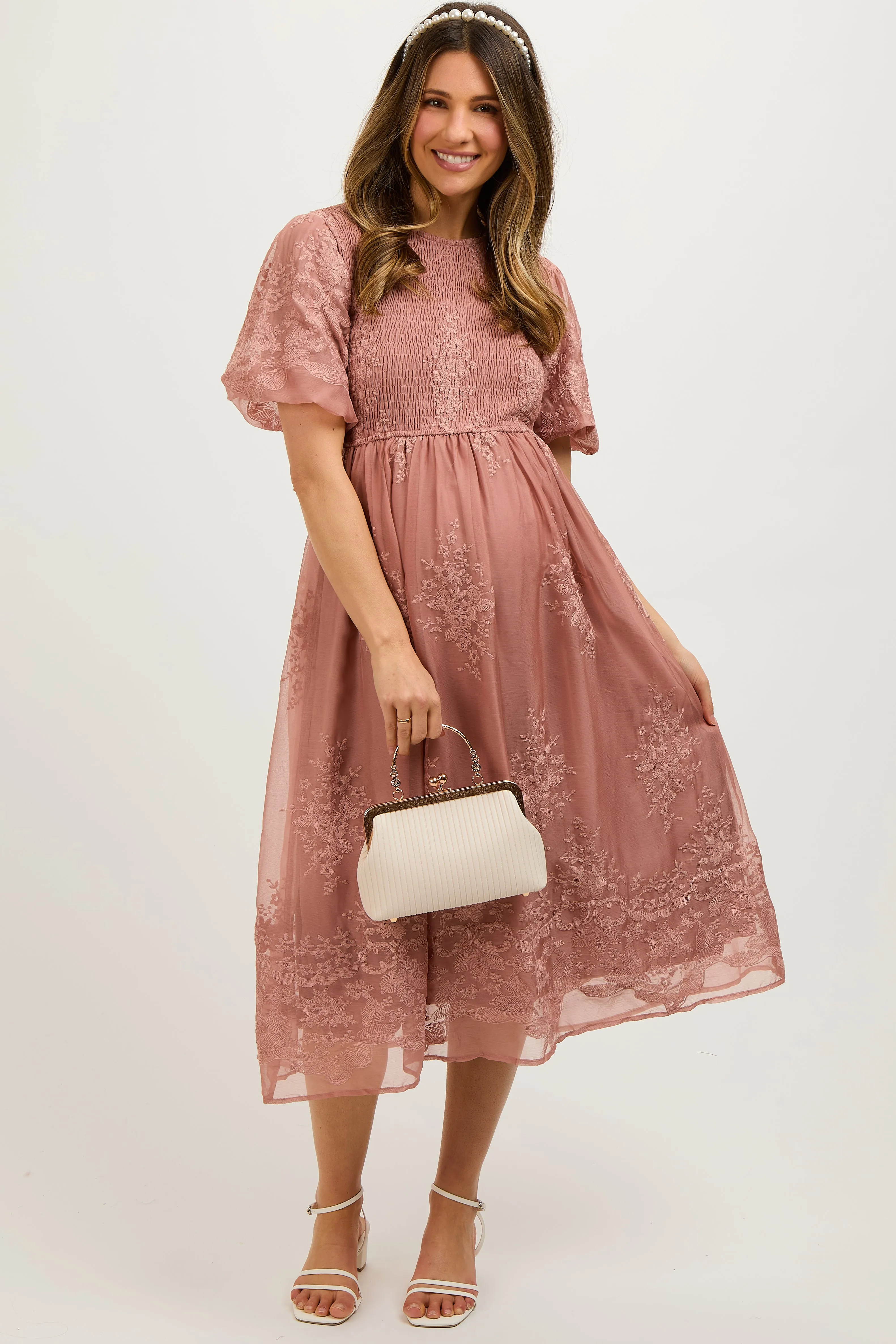 Mauve Floral Lace Smocked Maternity Midi Dress sold by Pinkblush