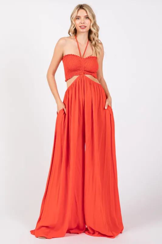 Orange Smocked Drawstring Halter Side Cutout Jumpsuit sold by Pinkblush