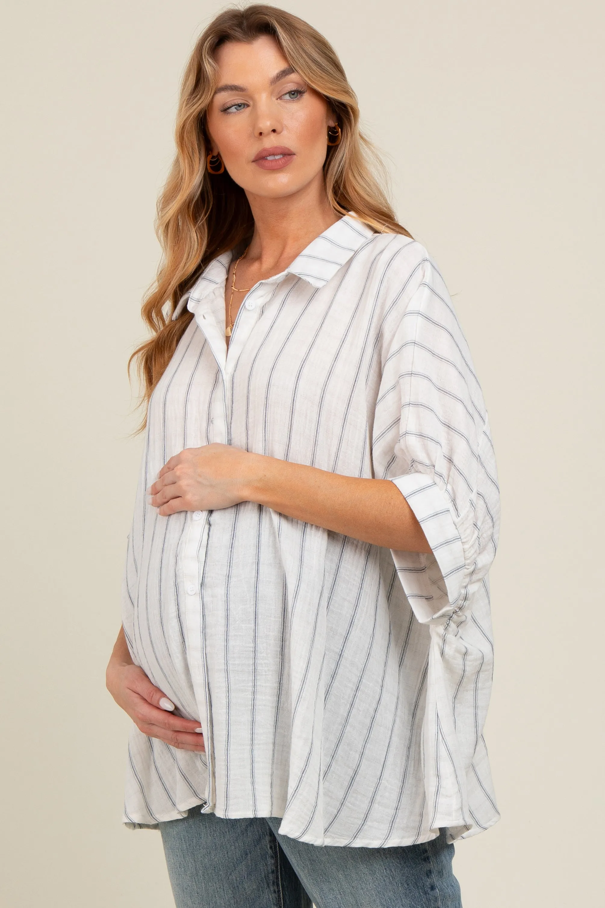 Ivory Striped Collared Oversized Maternity Top sold by Pinkblush product image thumbnail 3