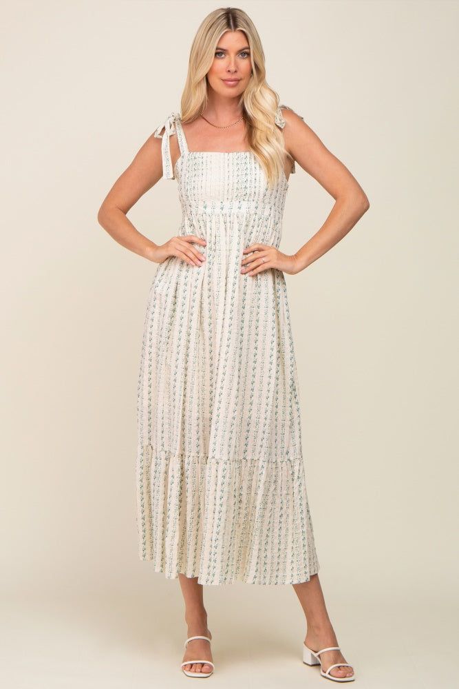 Blue Floral Pleated Shoulder Tie Midi Dress sold by Pinkblush