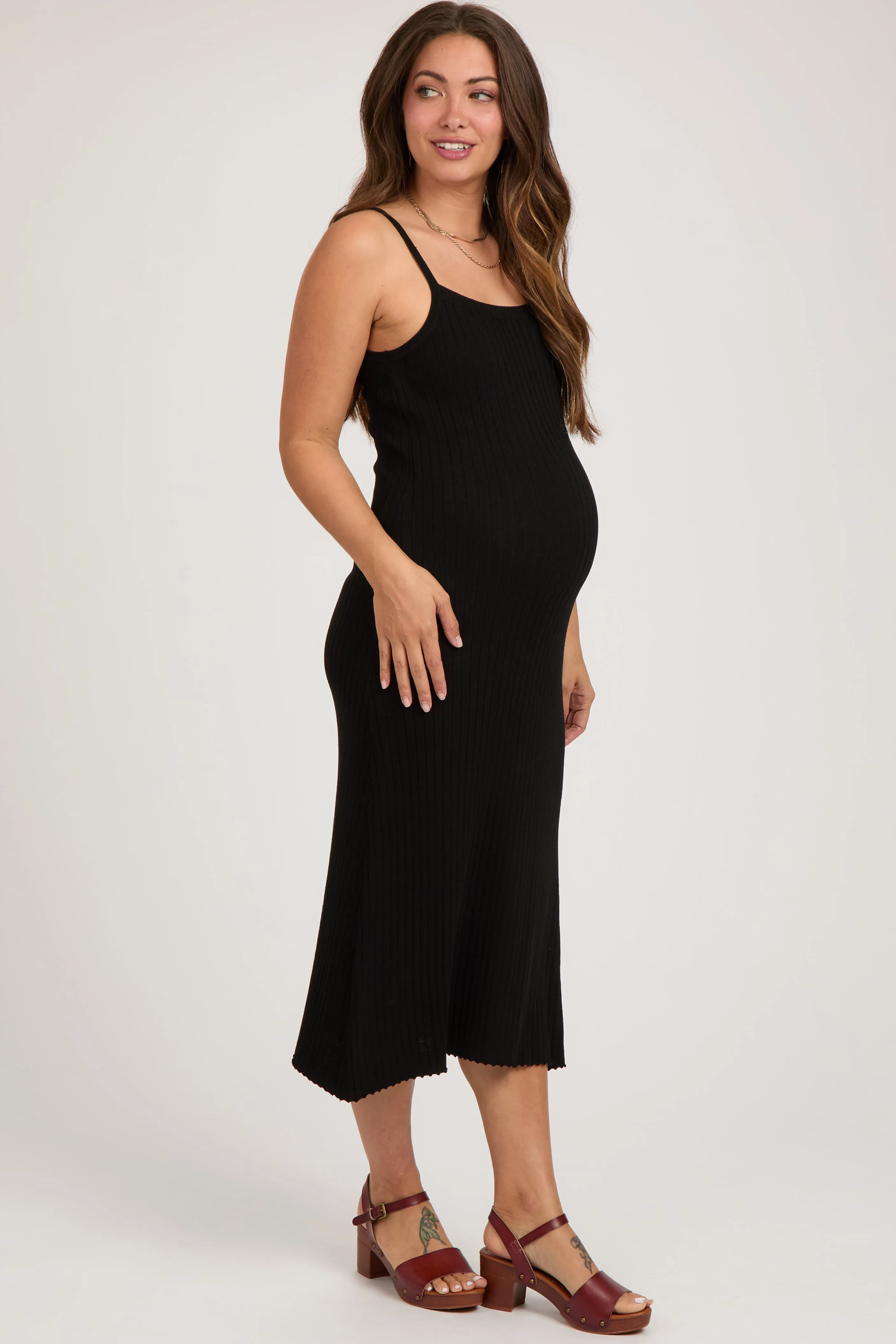 Black Square Neck Ribbed Sleeveless Maternity Midi Dress sold by Pinkblush product image thumbnail 2