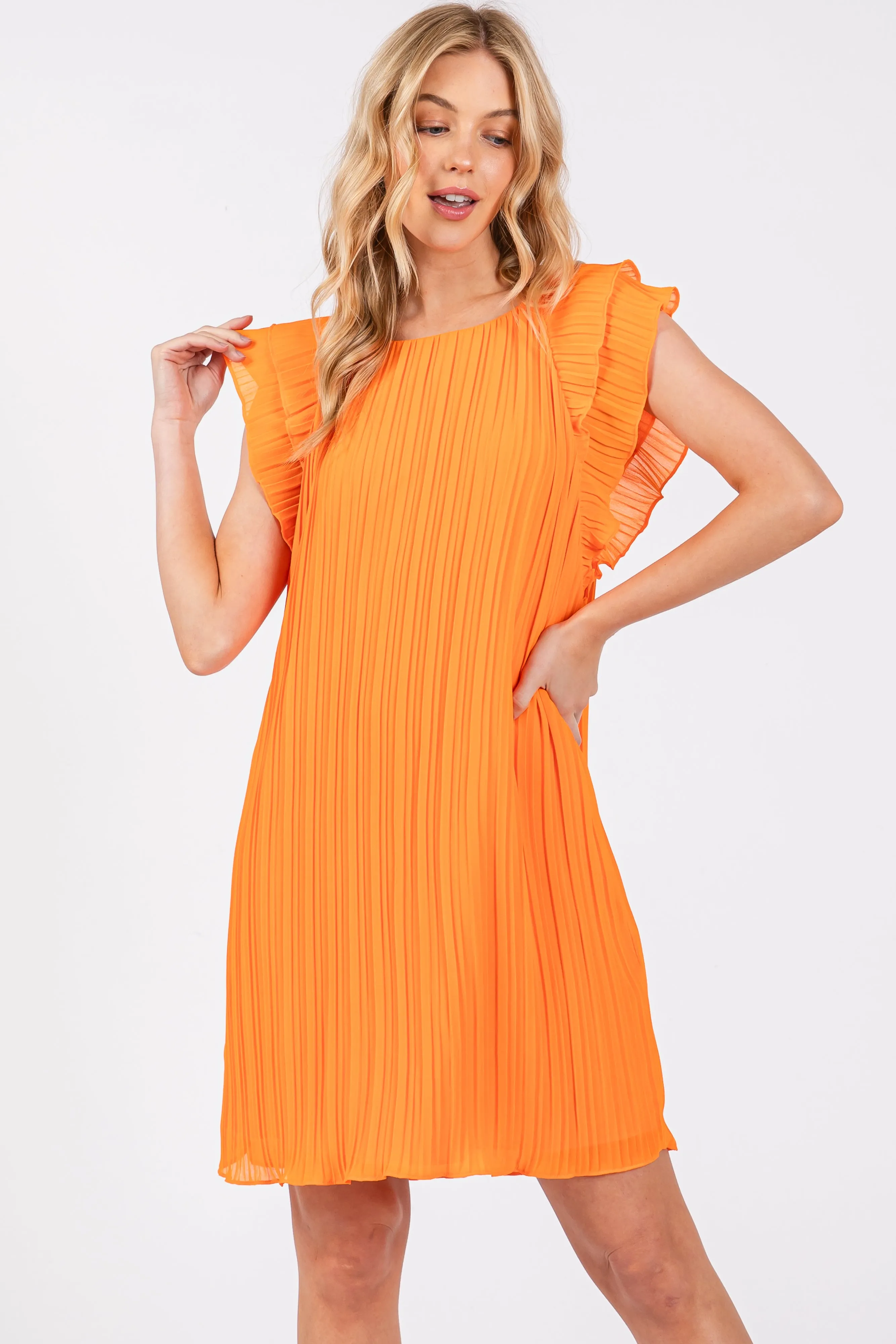 Orange Flutter Sleeve Pleated Chiffon Mini Dress sold by Pinkblush