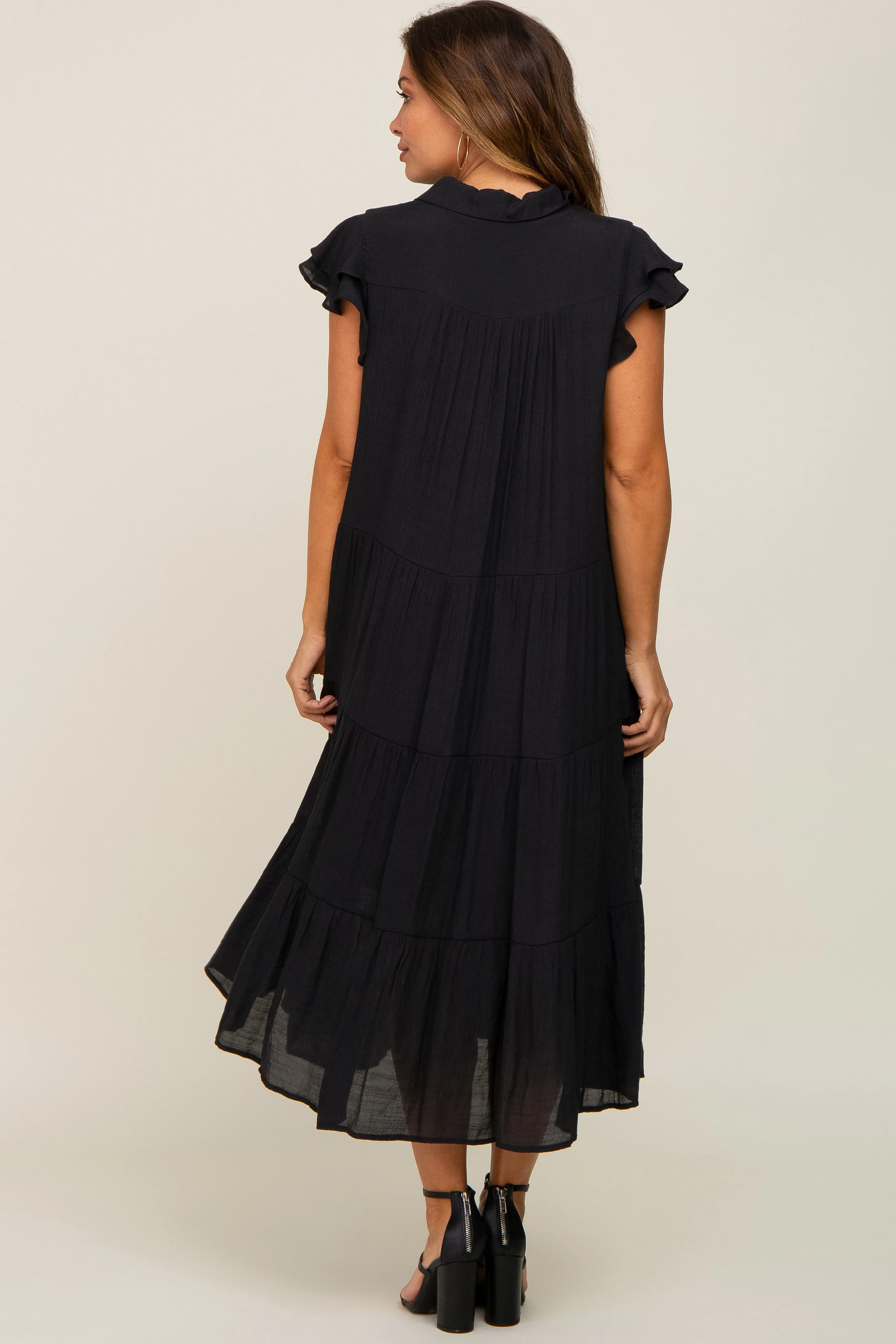 Black Flutter Sleeve Tiered Maternity Midi Dress sold by Pinkblush product image thumbnail 4
