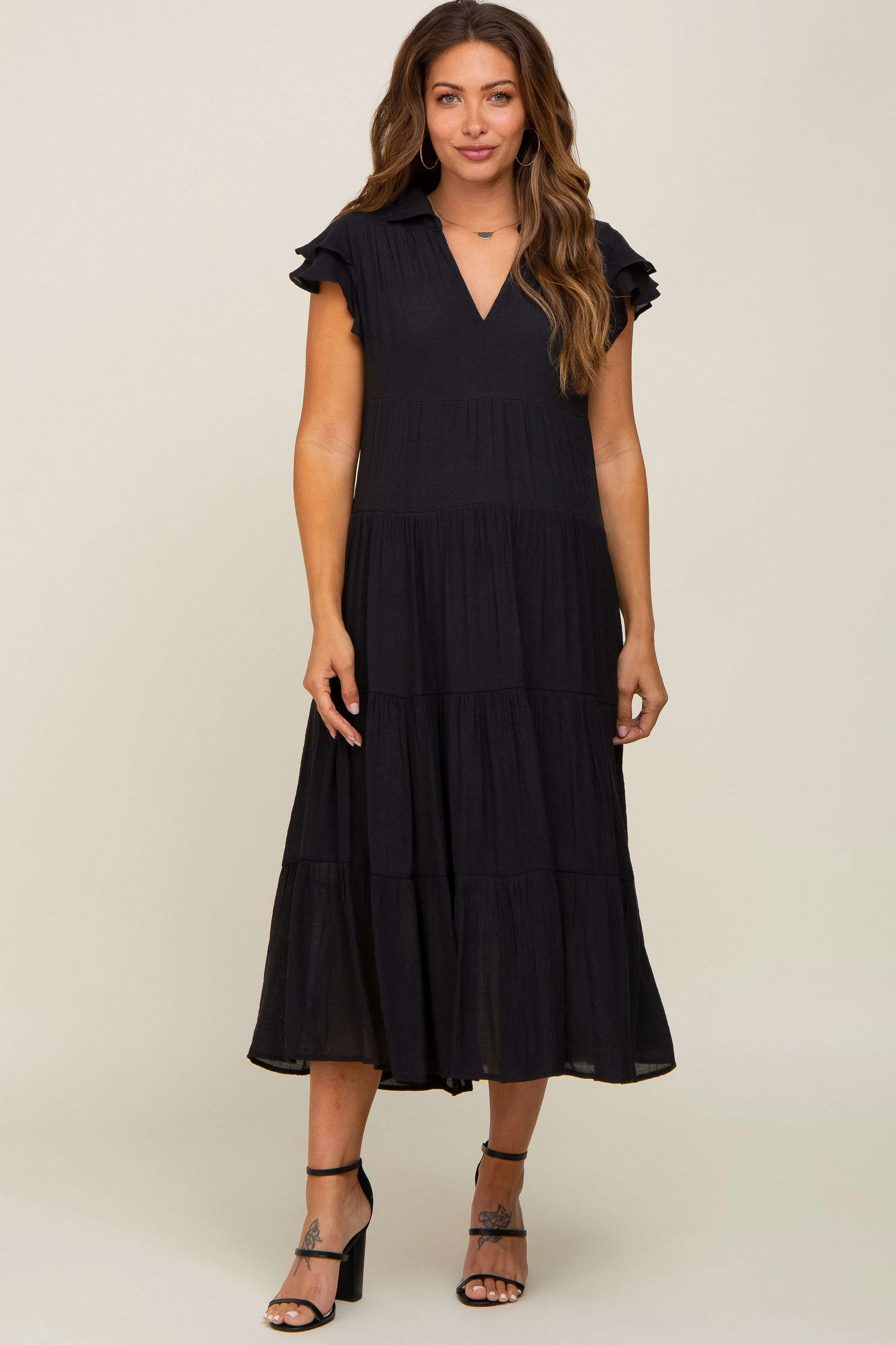 Black Flutter Sleeve Tiered Maternity Midi Dress sold by Pinkblush