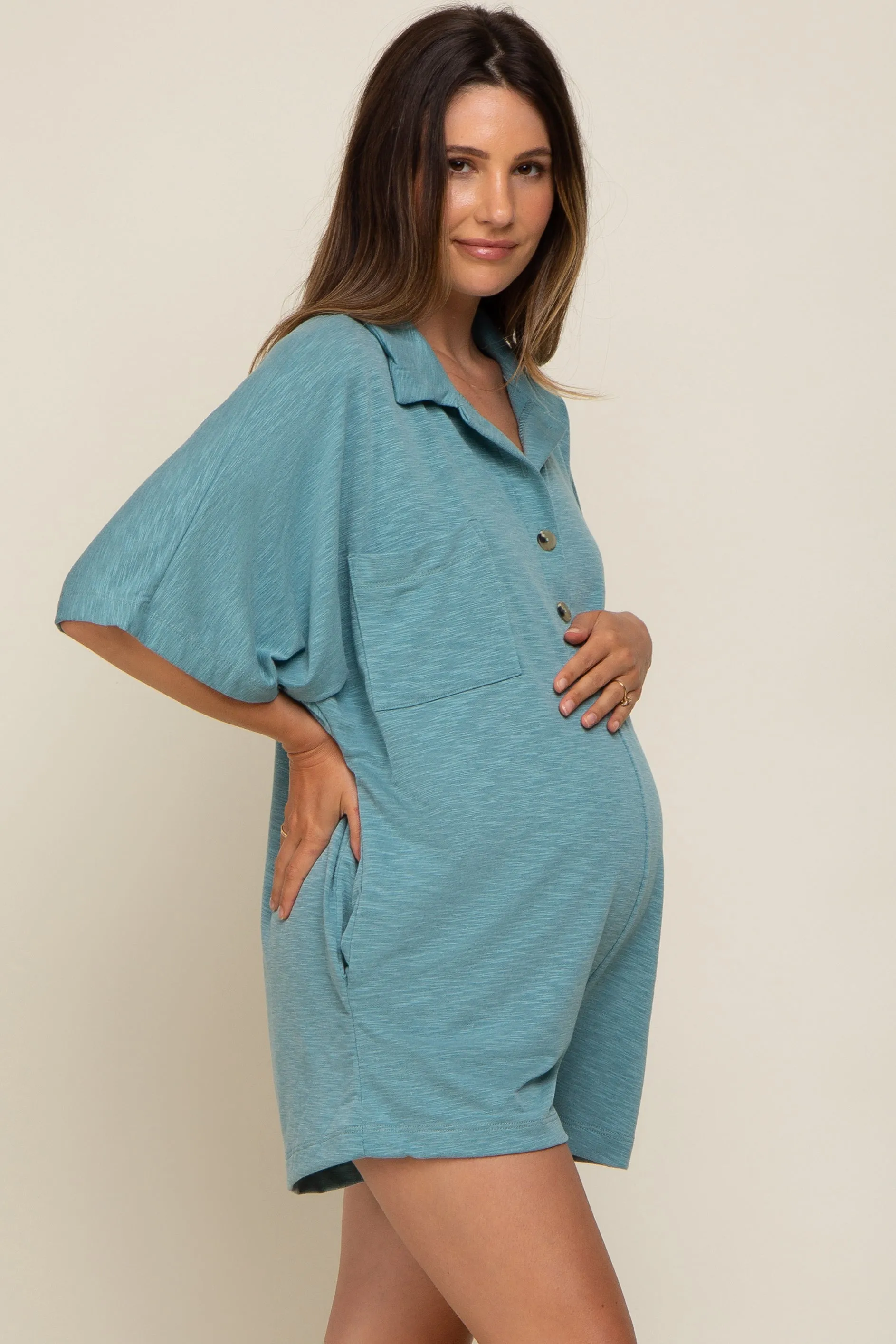Teal Heathered Front Button Maternity Romper sold by Pinkblush product image thumbnail 3