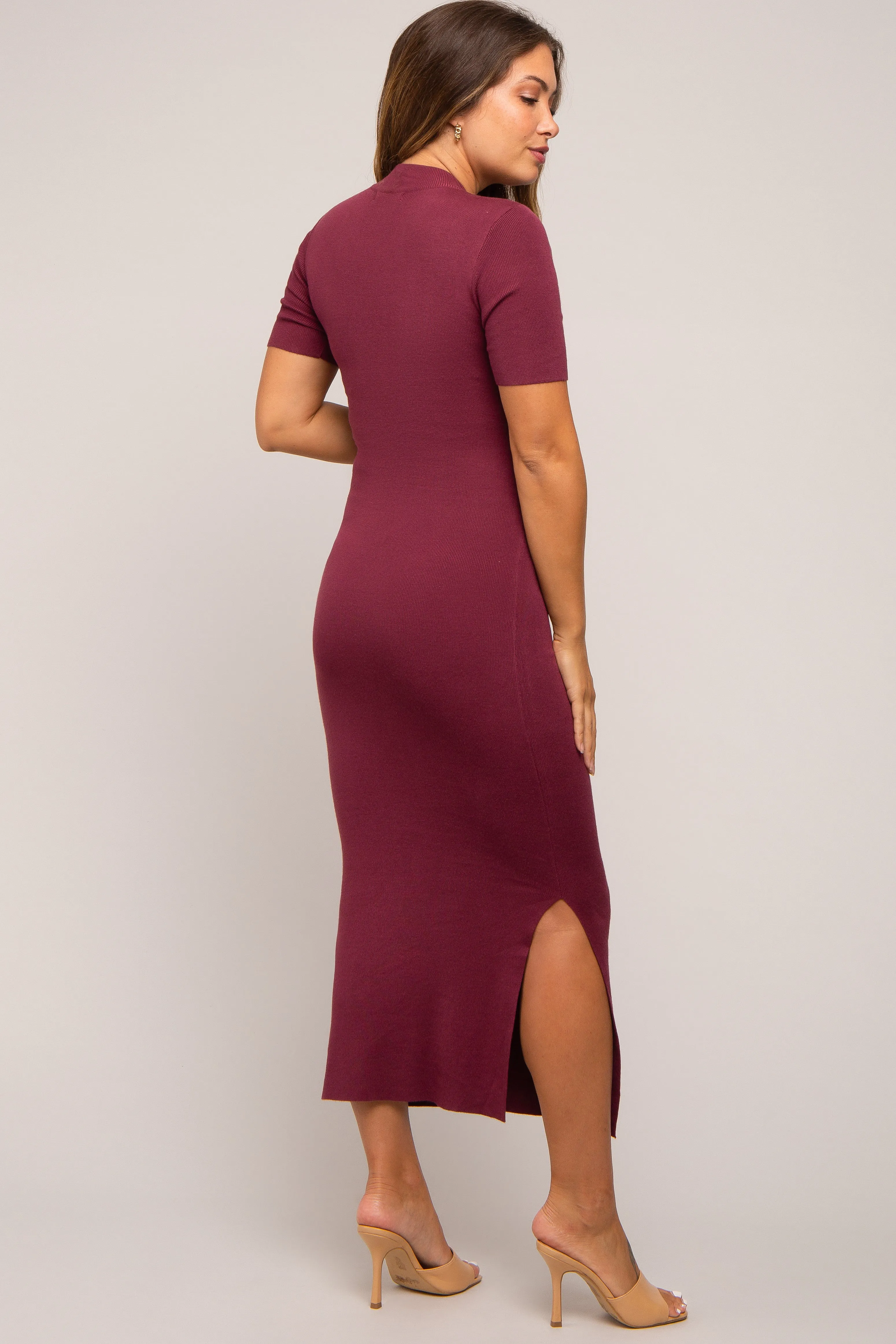 Burgundy Knit Fitted Mock Neck Maternity Midi Dress sold by Pinkblush product image thumbnail 4