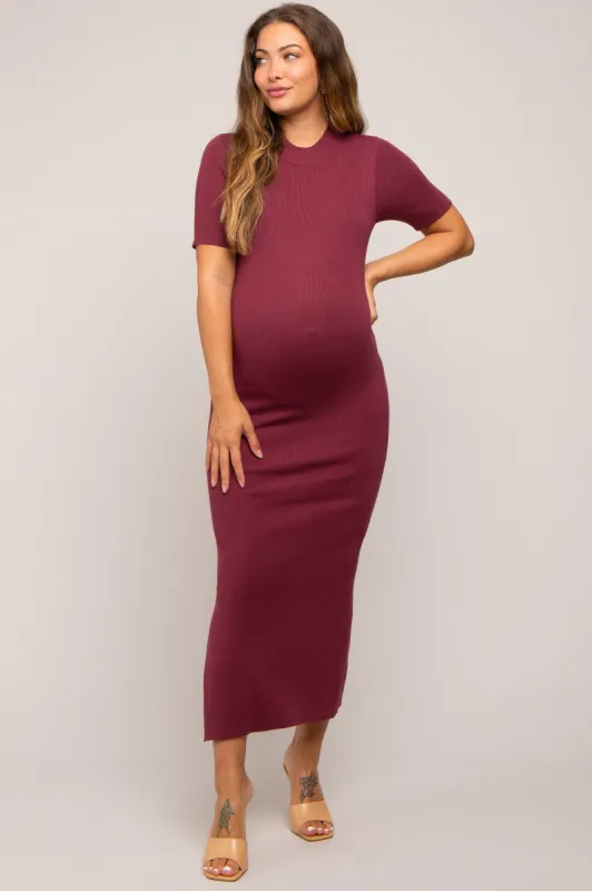 Burgundy Knit Fitted Mock Neck Maternity Midi Dress sold by Pinkblush