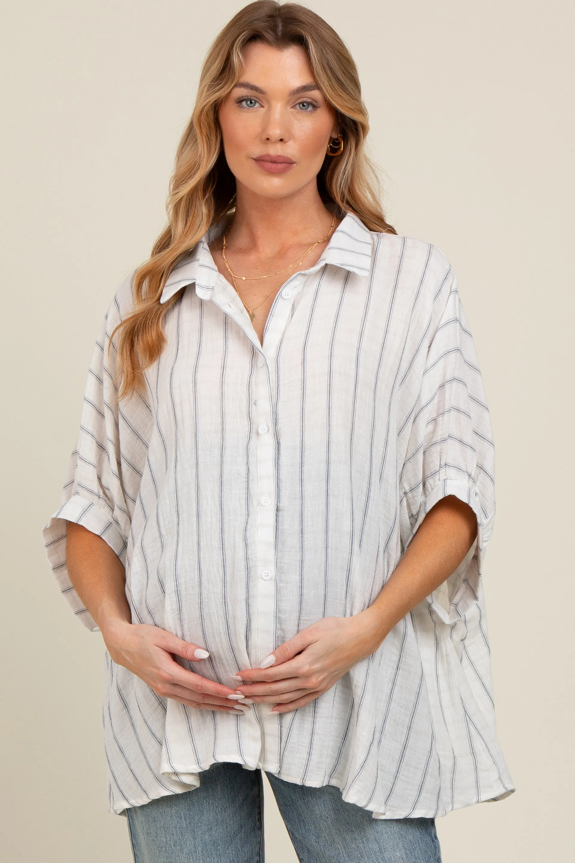 Ivory Striped Collared Oversized Maternity Top sold by Pinkblush product image thumbnail 2