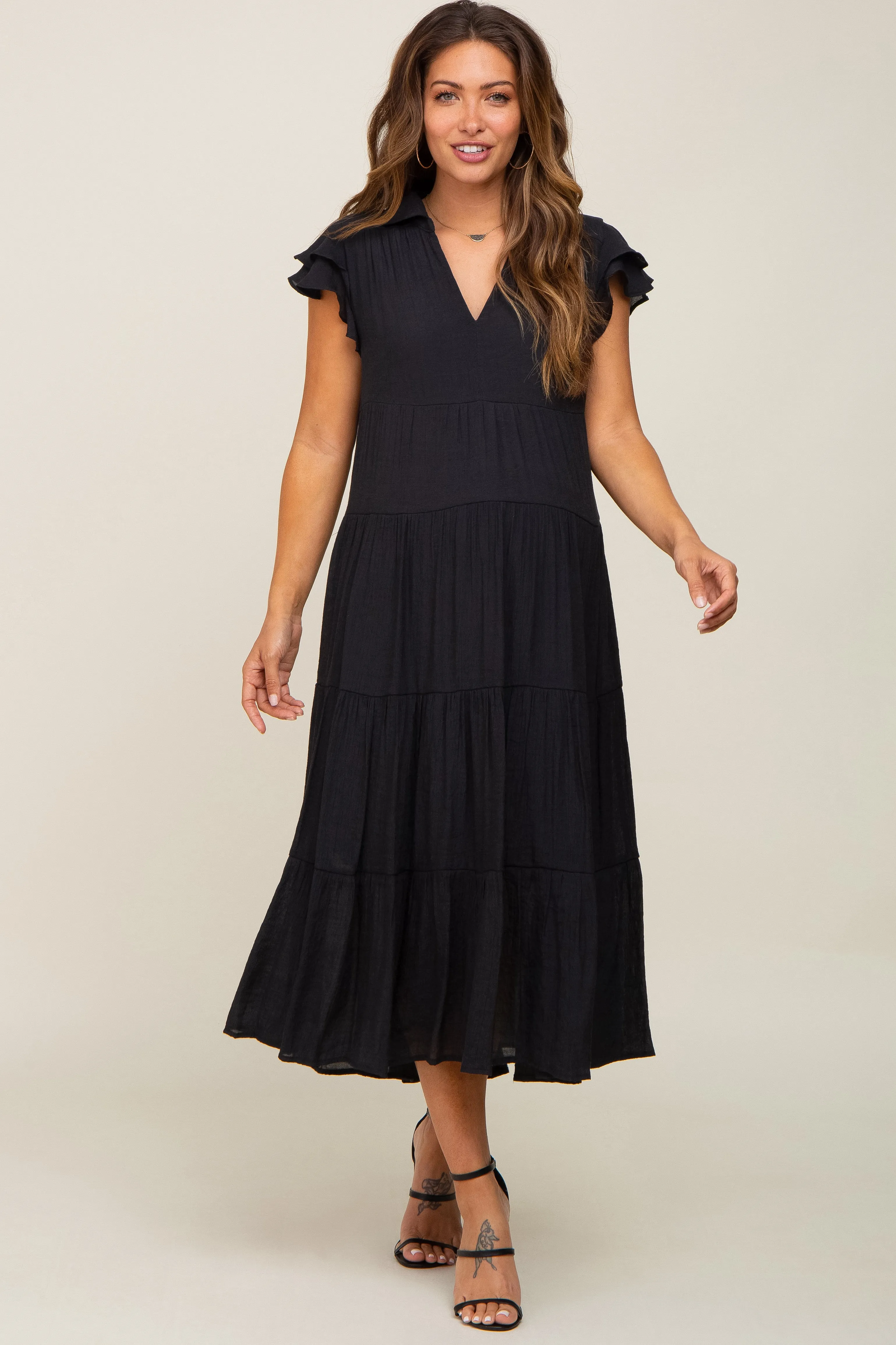 Black Flutter Sleeve Tiered Maternity Midi Dress sold by Pinkblush product image thumbnail 2