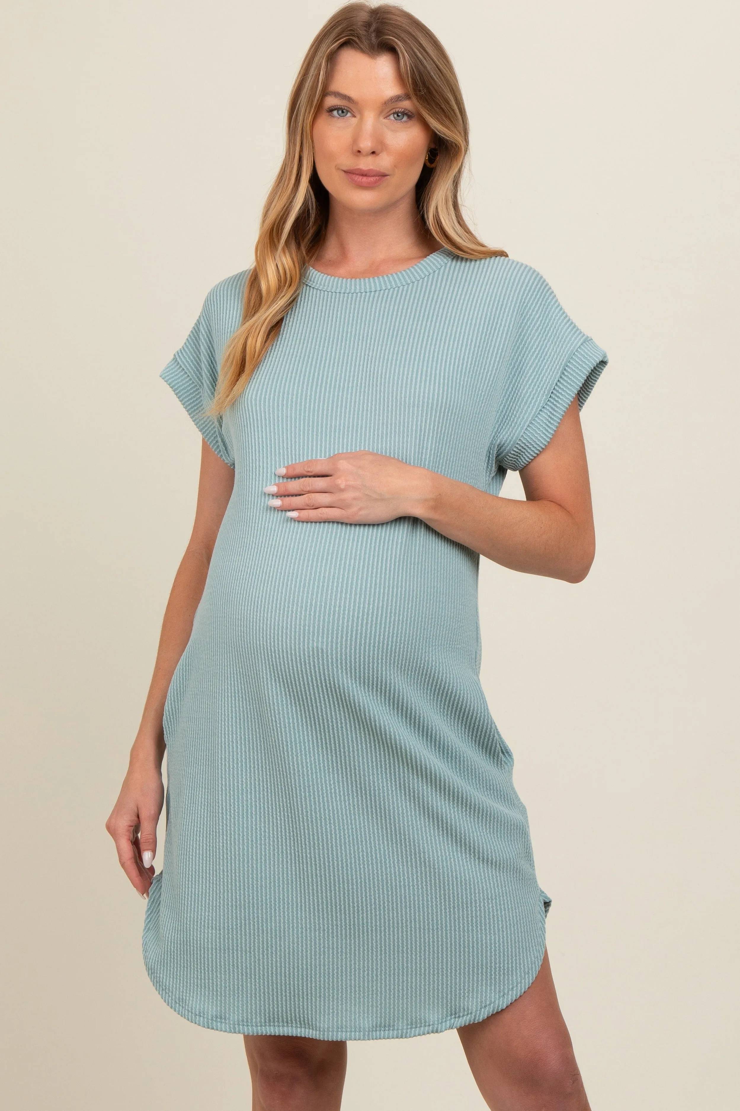 Light Olive Ribbed Round Hem Maternity Dress sold by Pinkblush