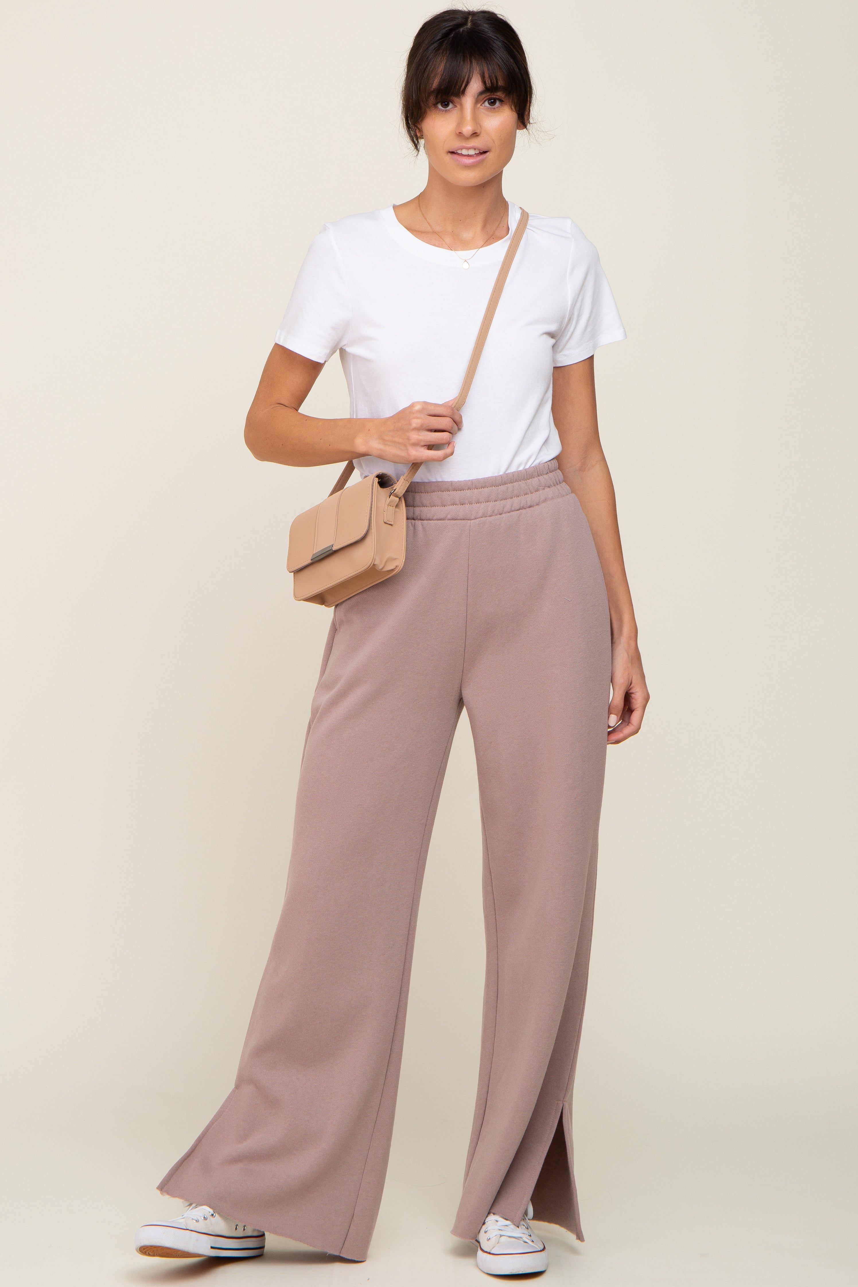 Mocha Soft Wide Leg Side Slit Sweatpants sold by Pinkblush