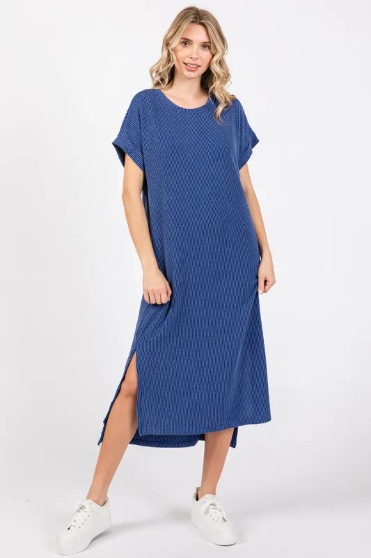 Blue Ribbed Short Sleeve Midi Dress sold by Pinkblush