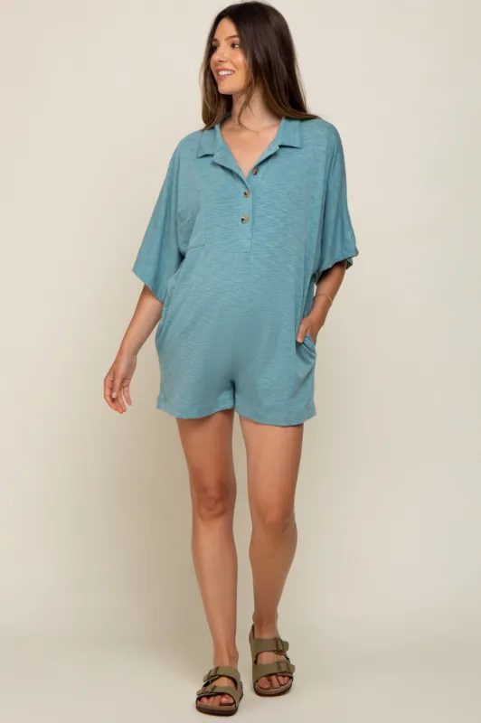 Teal Heathered Front Button Maternity Romper sold by Pinkblush