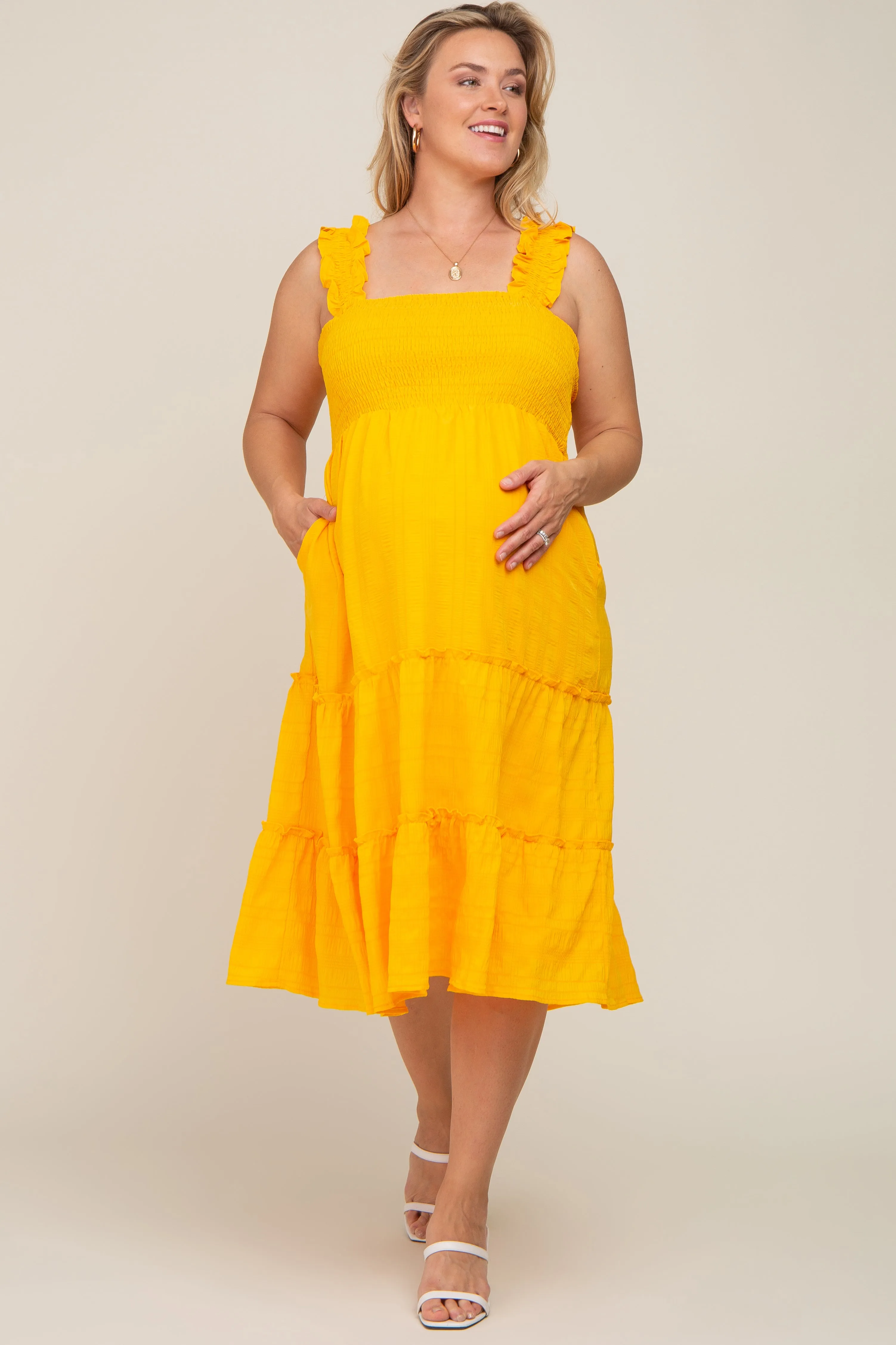 Yellow Smocked Square Neck Ruffle Strap Tiered Maternity Plus Midi Dress sold by Pinkblush product image thumbnail 4