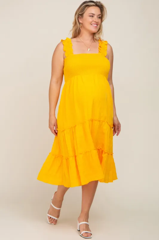 Yellow Smocked Square Neck Ruffle Strap Tiered Maternity Plus Midi Dress sold by Pinkblush